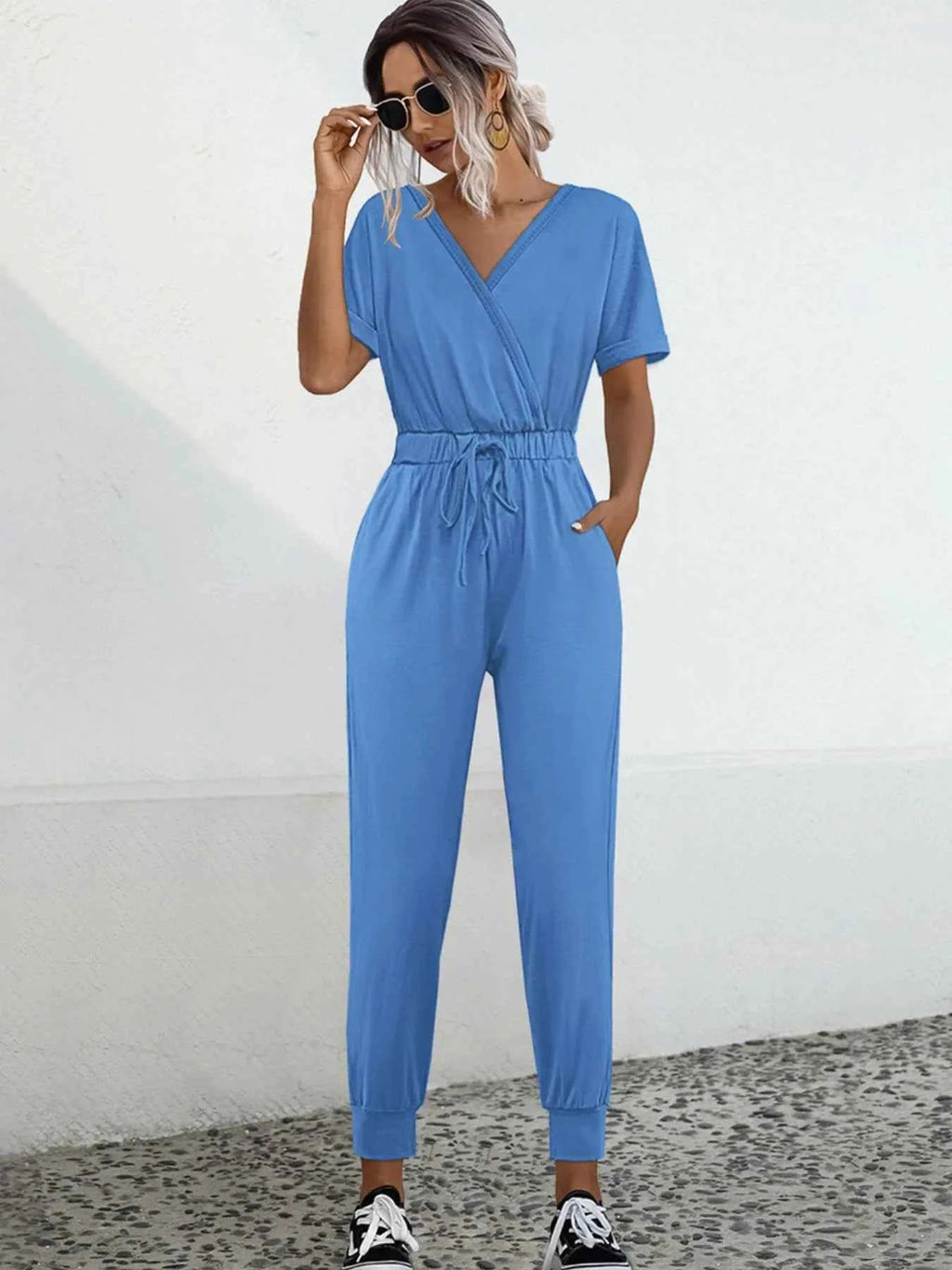 Drawstring Waist Short Sleeve Jumpsuit Sky Blue 5b7f7e54-cbce-428d-80d3-26682b275dab-Max-Origin