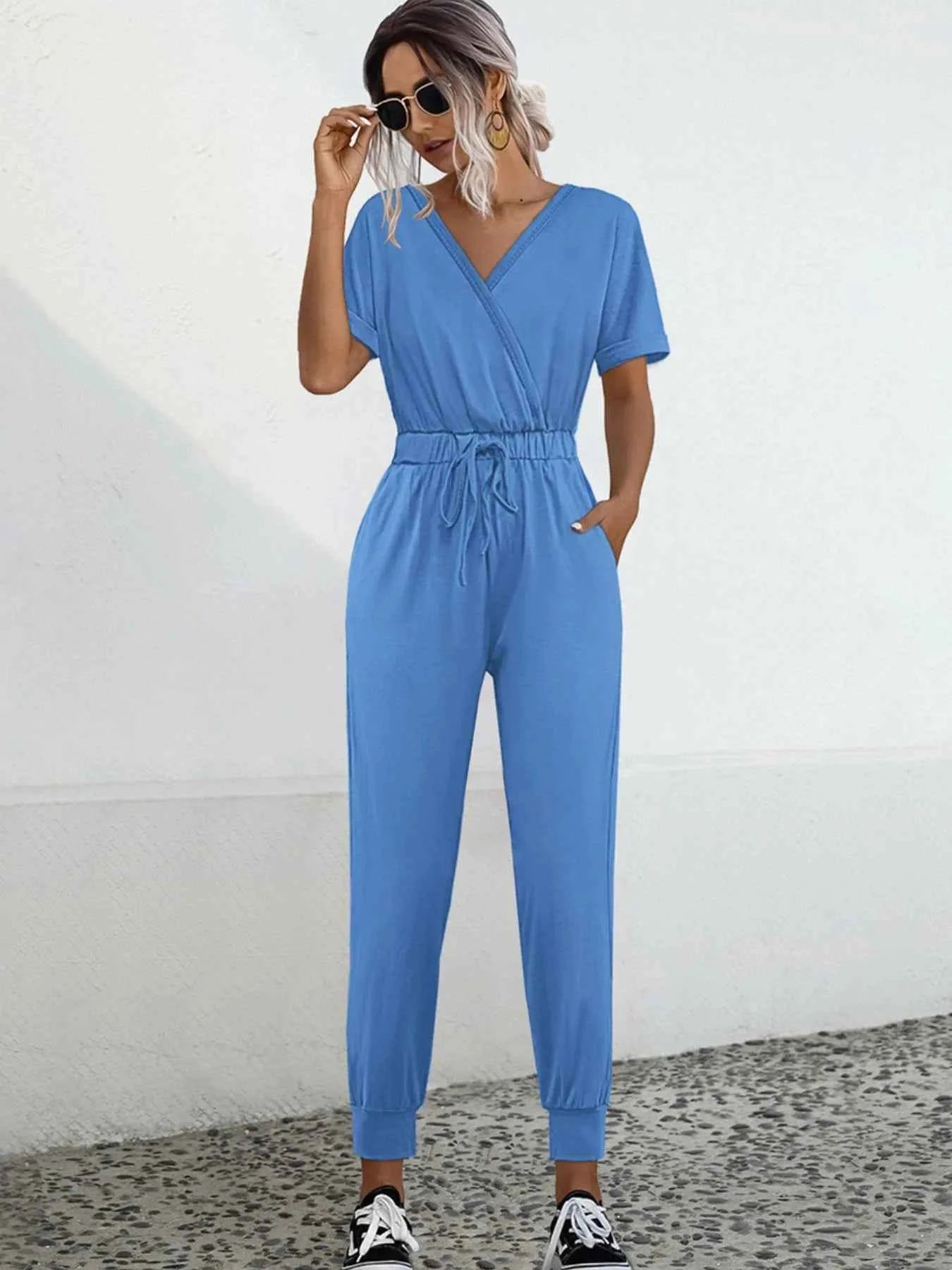 Drawstring Waist Short Sleeve Jumpsuit Sky Blue 5b7f7e54-cbce-428d-80d3-26682b275dab-Max-Origin