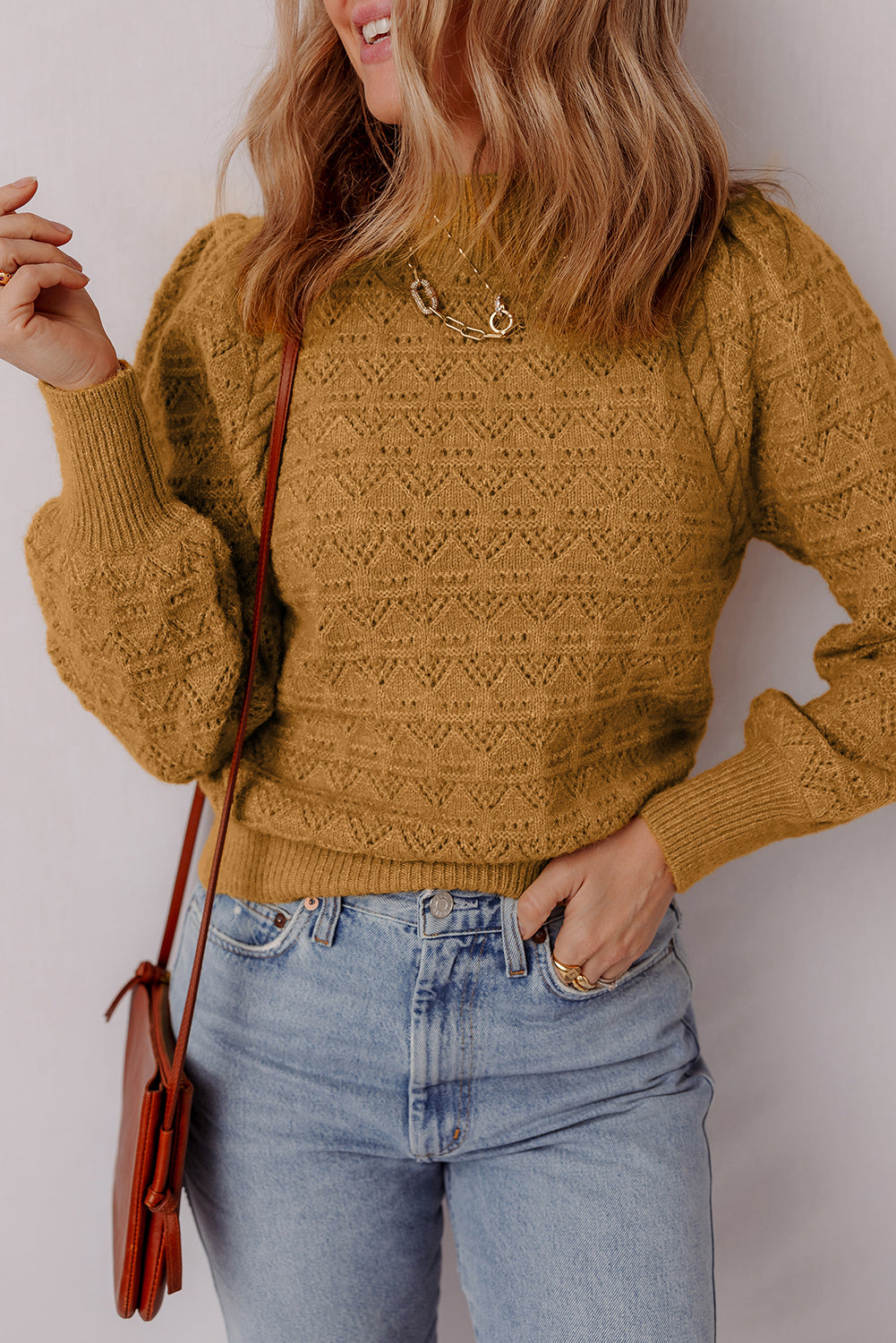 Jurassic Gold Hollow Out Crochet Ribbed Edge Balloon Sleeve Sweater Jurassic Gold 52%Viscose+26%Polyester+22%Polyamide 5b86388d82b50078