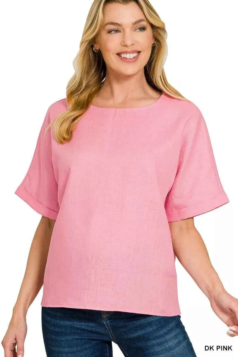 Zenana Linen Round Neck Cuffed Sleeve Top DK PINK 5b873ed516504016a9f69450a99ac947-Max-Origin