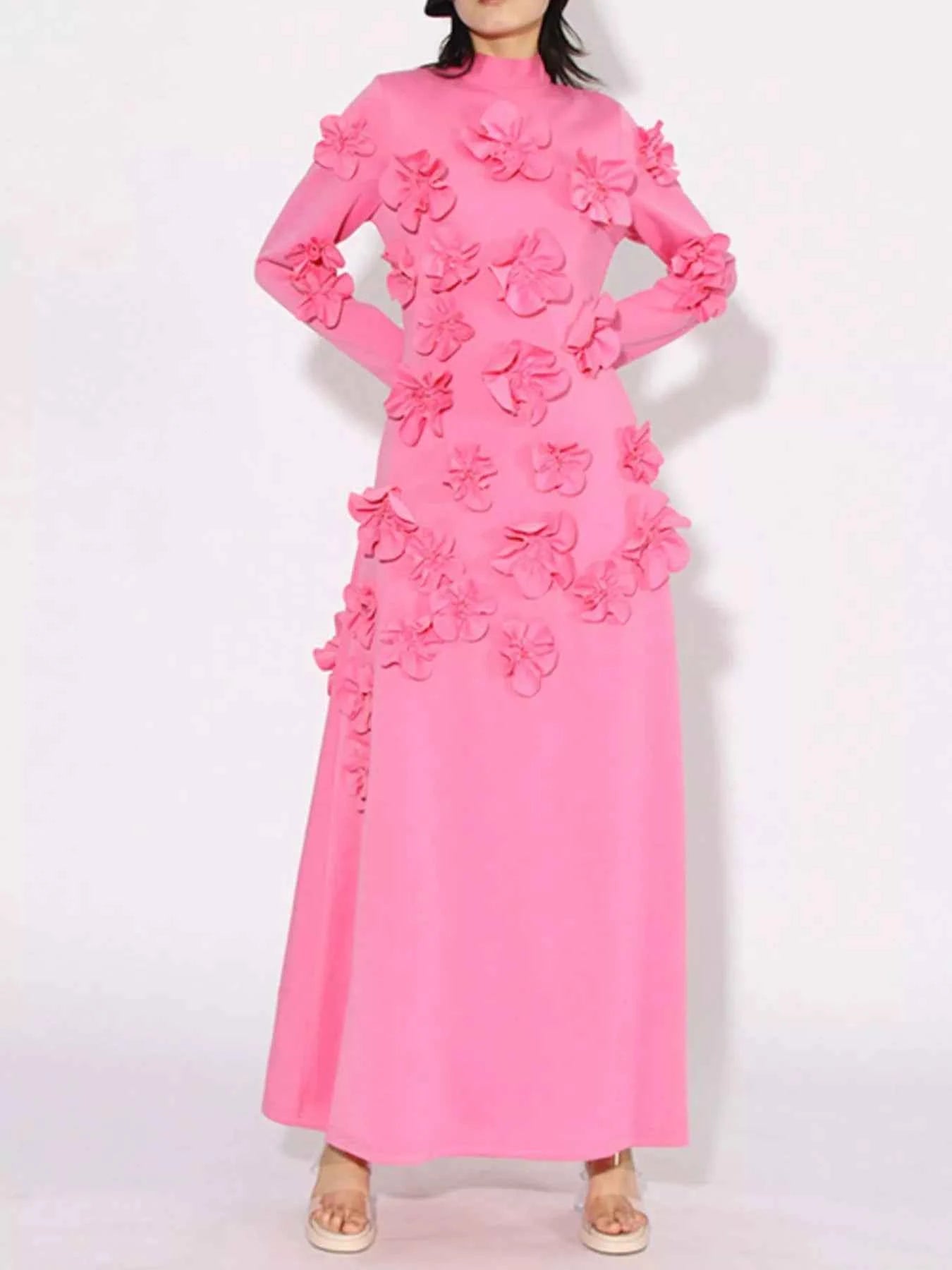 Floral Applique Long Sleeve Maxi Dress Pink 5b886965-4418-4ea3-b9f0-22ef4aa2eef3-Max-Origin