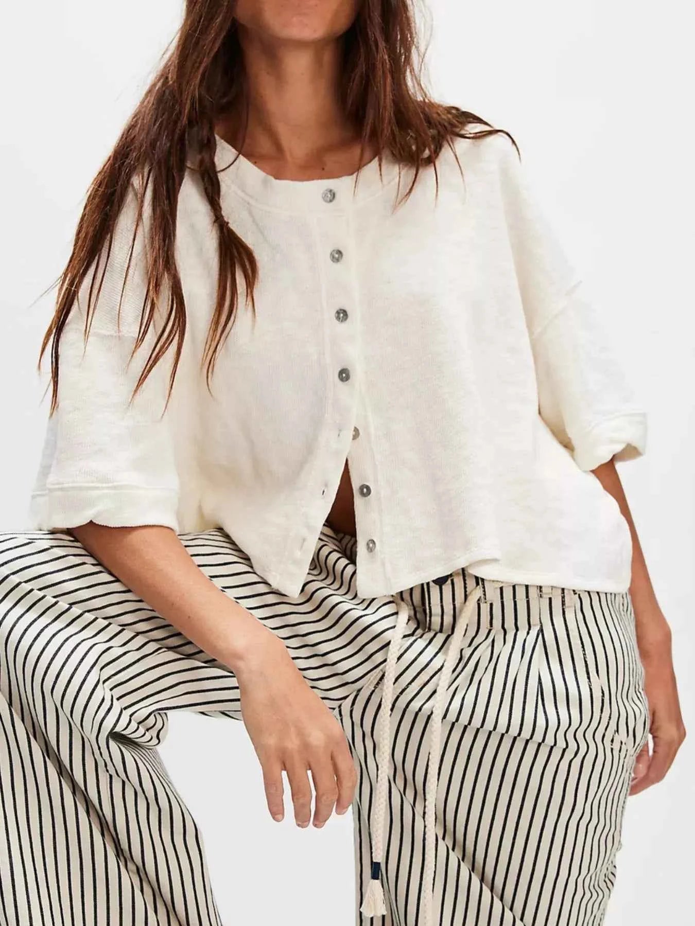 Button-Front Half Sleeve Cardigan White 5b93645c-d00a-4d40-b911-6eb9d6333f75-Max-Origin