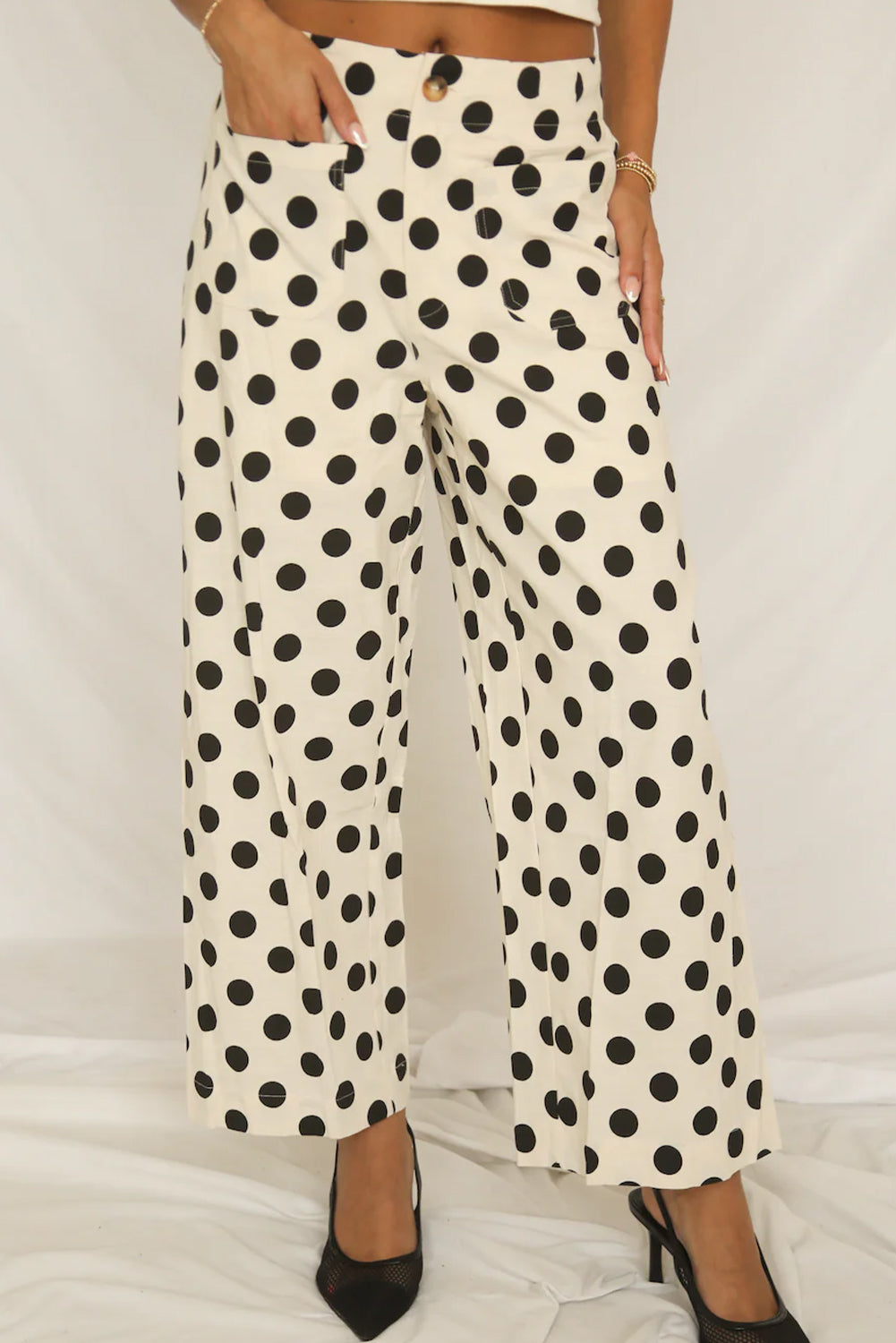 White Casual Polka Dot Wide Leg Pants White 100%Polyester 5b94cb79d96529f1