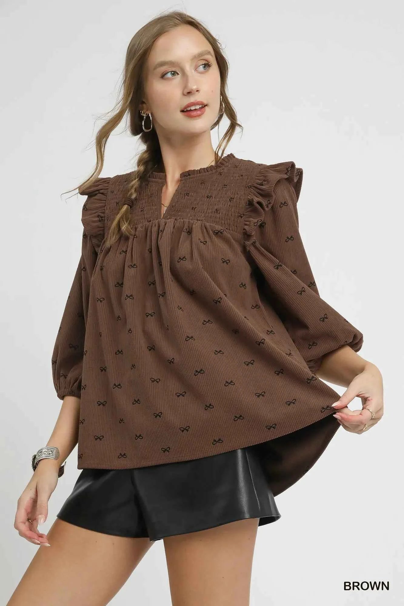 Umgee Bow Print Corduroy Puff Sleeve Blouse with Ruffled Brown 5b9961d9-7160-46b6-8dfe-b184c19c0341-Max-Origin