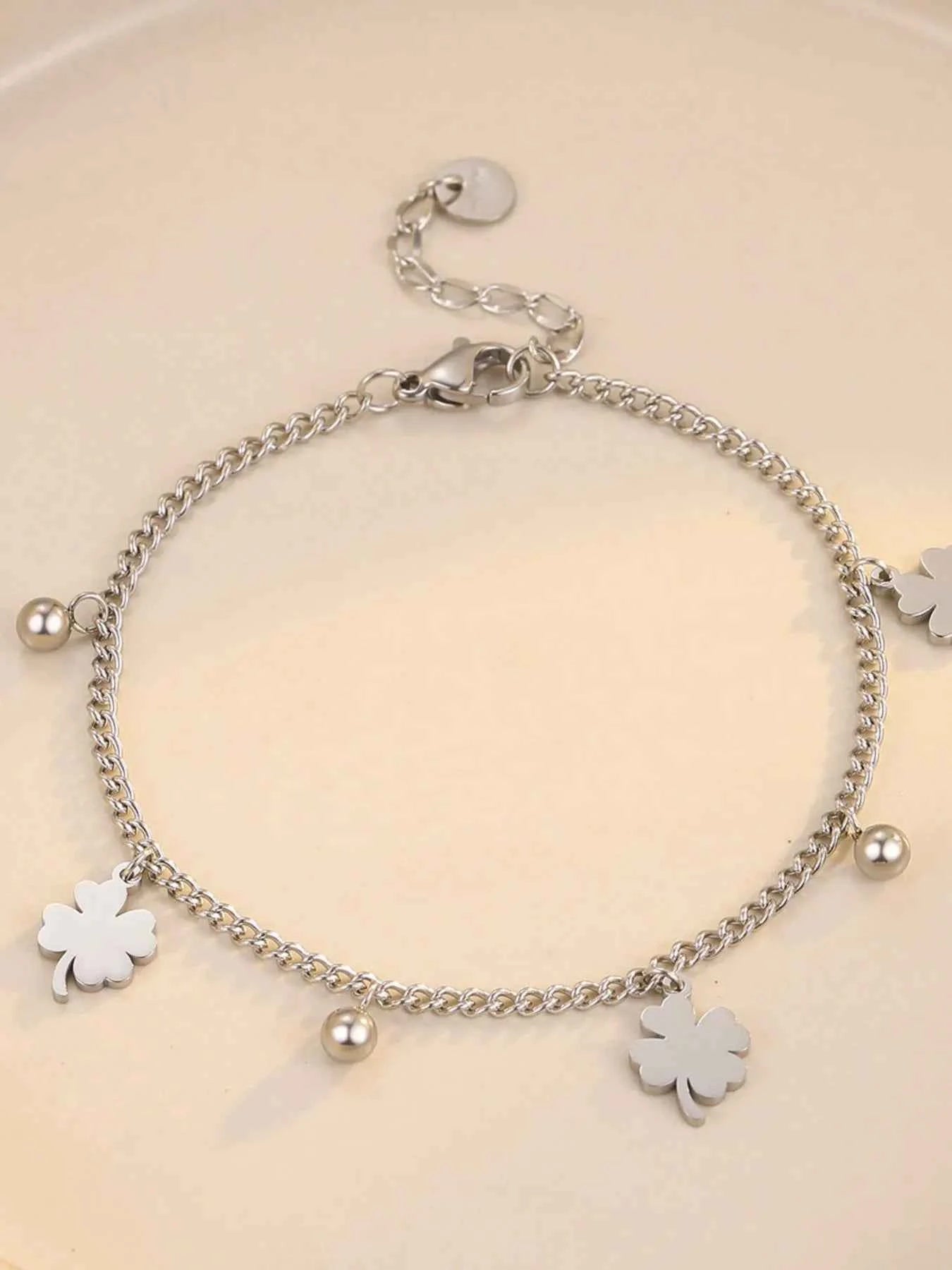 Stainless Steel Four Leaf Clover Bracelet Silver One Size 5b9a9b2e-0fda-40ce-824d-35fef72b946f-Max-Origin