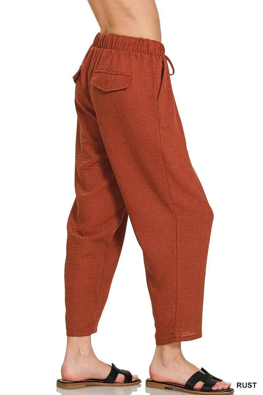 Zenana Woven Crepe Elastic Band Waist Pants 5b9c307e76bc4e639d65e1c8f20903c8-Max-Origin