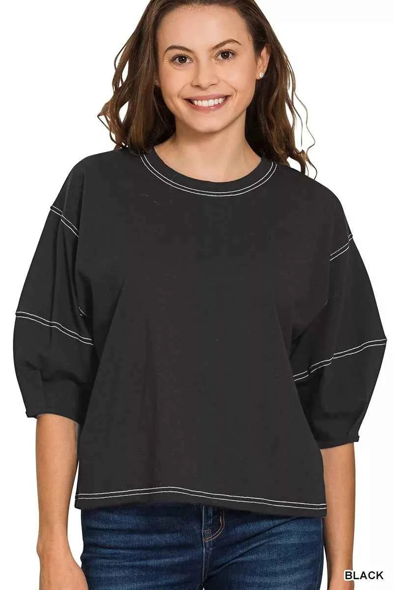 Zenana Balloon Sleeve Top with Contrast Stitching BLACK 5ba29c53296944ce8deb1ee18aae861c-Max-Origin