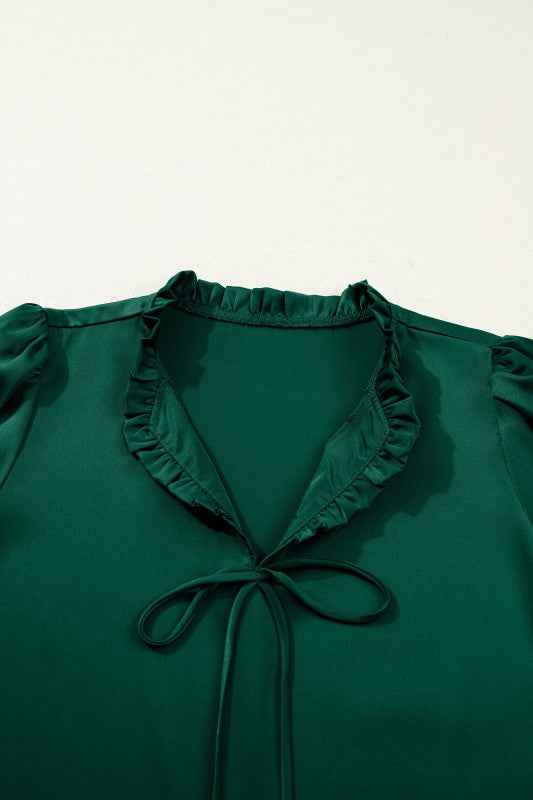 Solid Frilled Bow Tie V-Neck 3/4 Sleeve Blouse 5ba6ff72-ae91-4f61-8e97-2987a560a2b9