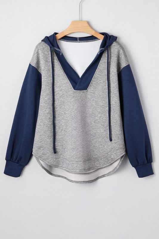Colorblock Patchwork V-Neck Drawstring Hoodie 5ba88bf0-3dac-44a6-827e-138d44f04aad