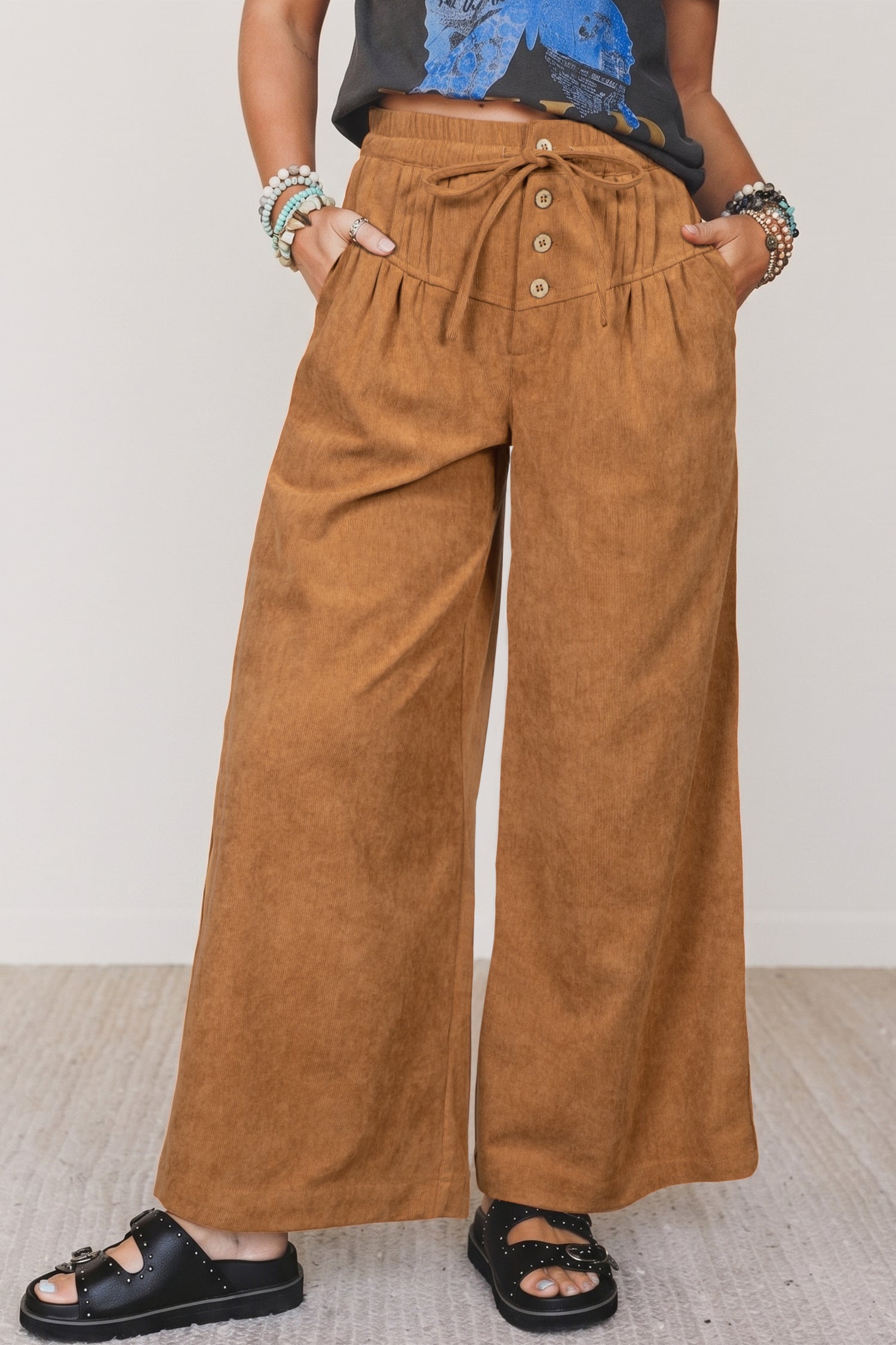 Thai Curry Elastic Waist Wooden Button Placket Ankle Length Wide Leg Pants 5bacc30a7954df8f