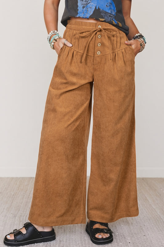 Thai Curry Elastic Waist Wooden Button Placket Ankle Length Wide Leg Pants 5bacc30a7954df8f