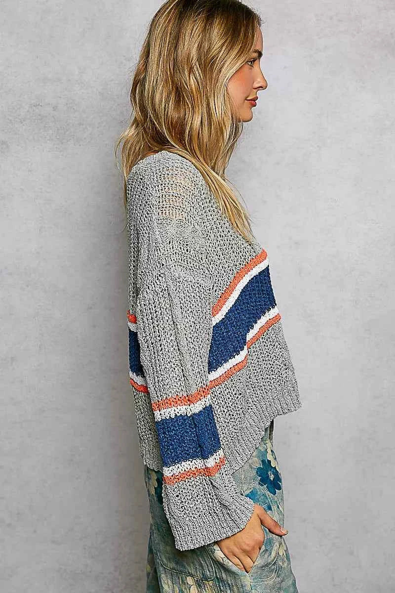 POL V-Neck Striped Pattern Cropped Knit Top with Cable Knit Detail 5baecd60-5275-469c-9eb1-76d814eadbd9-Max-Origin