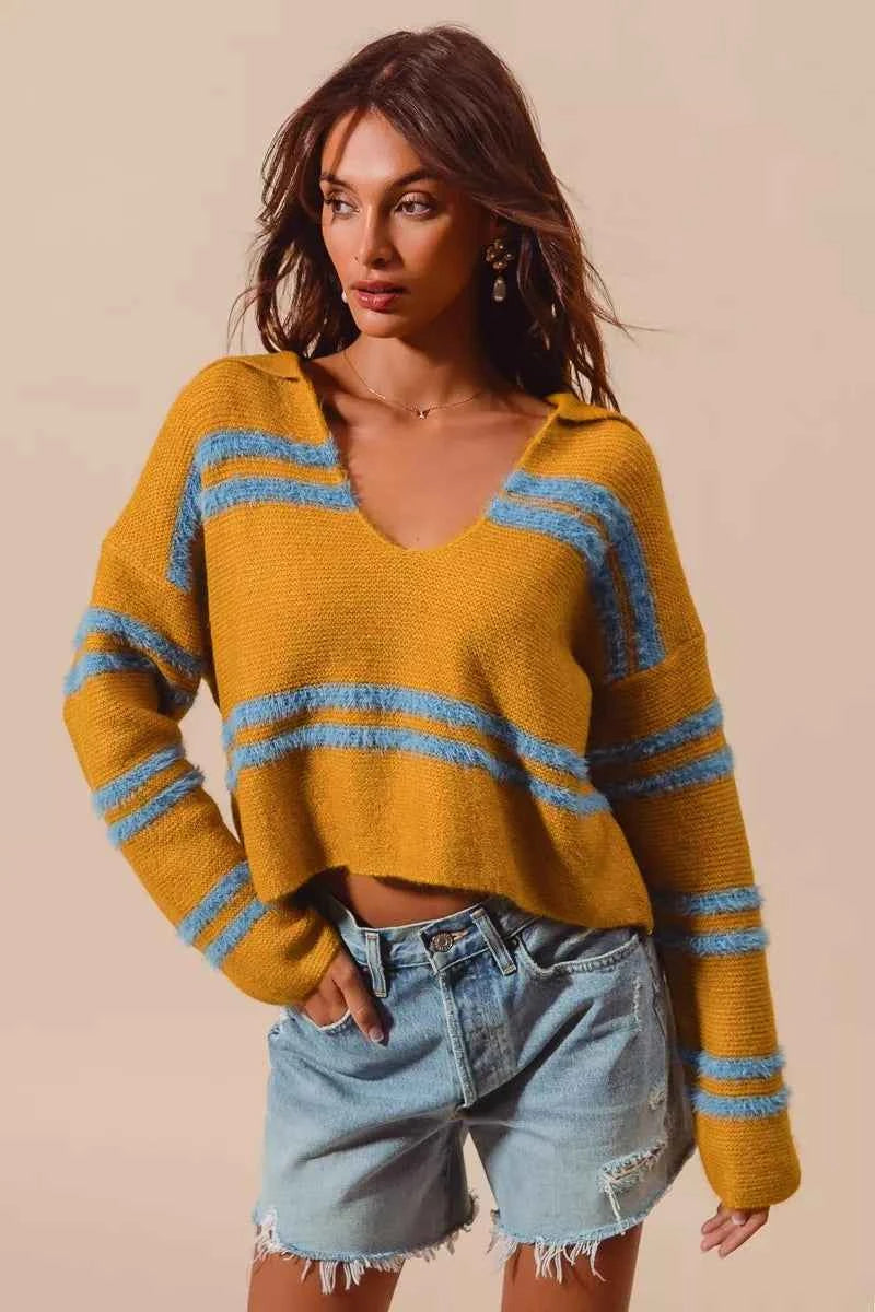 Fuzzy Hairy Stripe Deep U Neck Swetaer MUSTARD DT BLUE 5bb0d6d1-174d-4c01-a672-97156e718597-Max-Origin