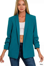 Zenana Woven 3/4 Ruched Sleeve Open Front Classic Blazer 5bb8e968837f4d2ca92abf028a959266-Max-Origin
