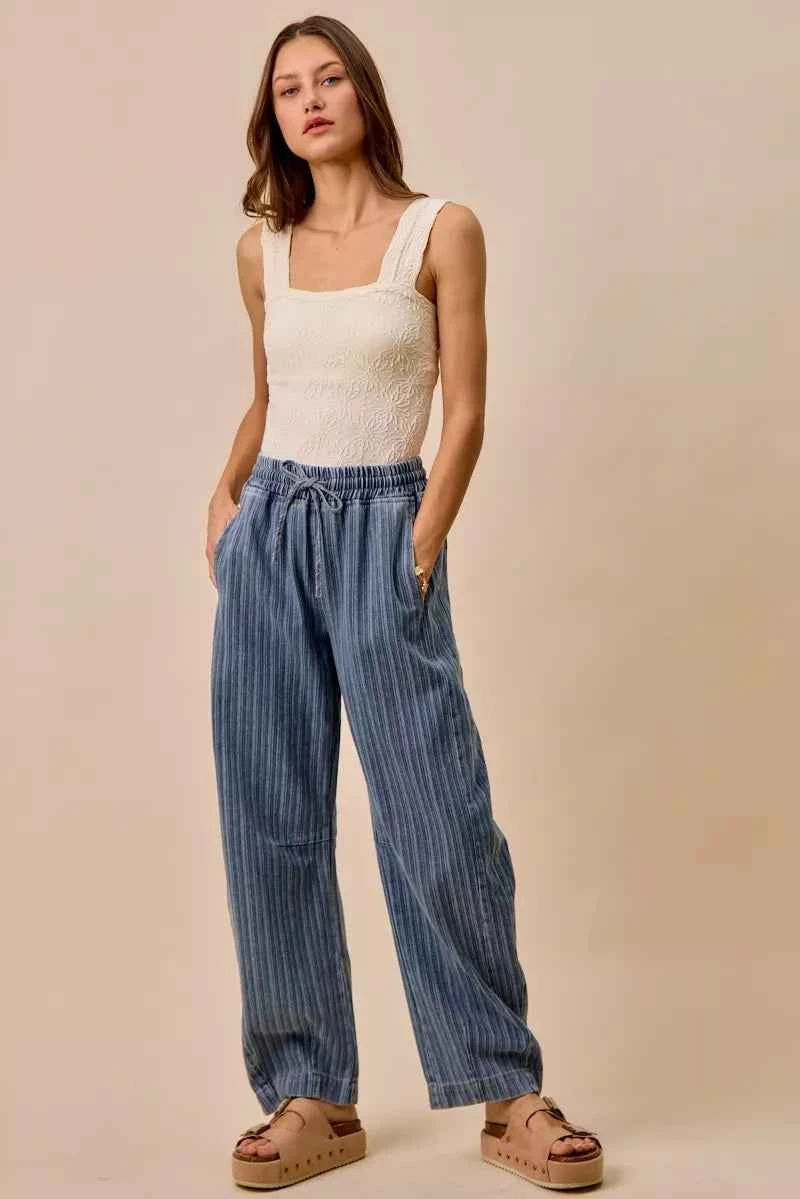 SO ME Stripe Denim Barrel Jeans Drawstring Waistband 5bbc23bae93547cf8f19479d457b1822-Max-Origin