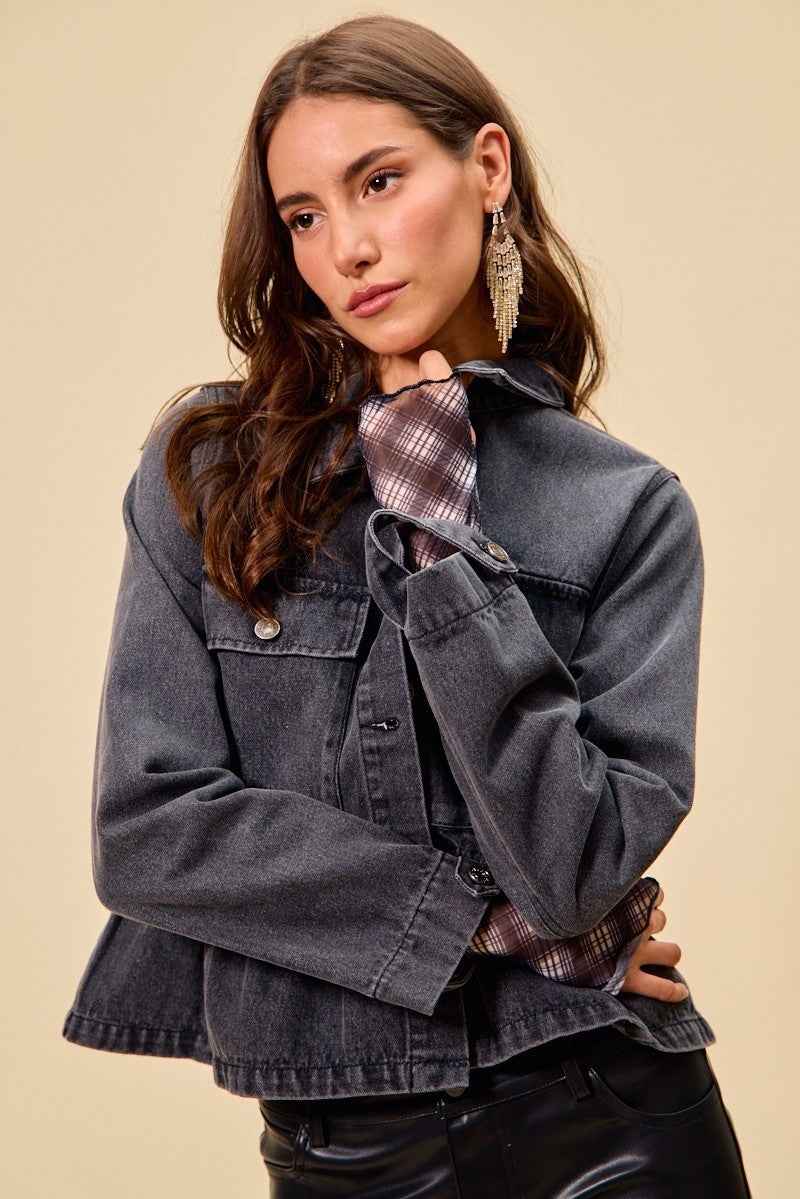 SO ME Denim Peplum Hem Front Button Jacket With Pockets 5bbda03e8d764cbaaff67b230273a478-Max