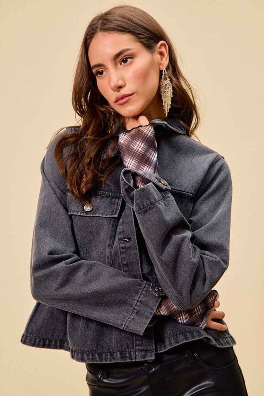Denim Peplum Hem Front Button Jacket With Pockets 5bbda03e8d764cbaaff67b230273a478-Max