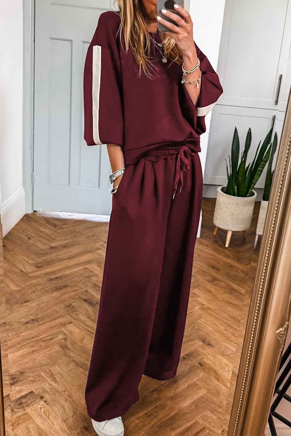 Burgundy Varsity Striped 3/4 Sleeve Pullover Drawstring Sweatpants Set Burgundy 65%Polyester+35%Cotton 5bbe98690c0fc0ff