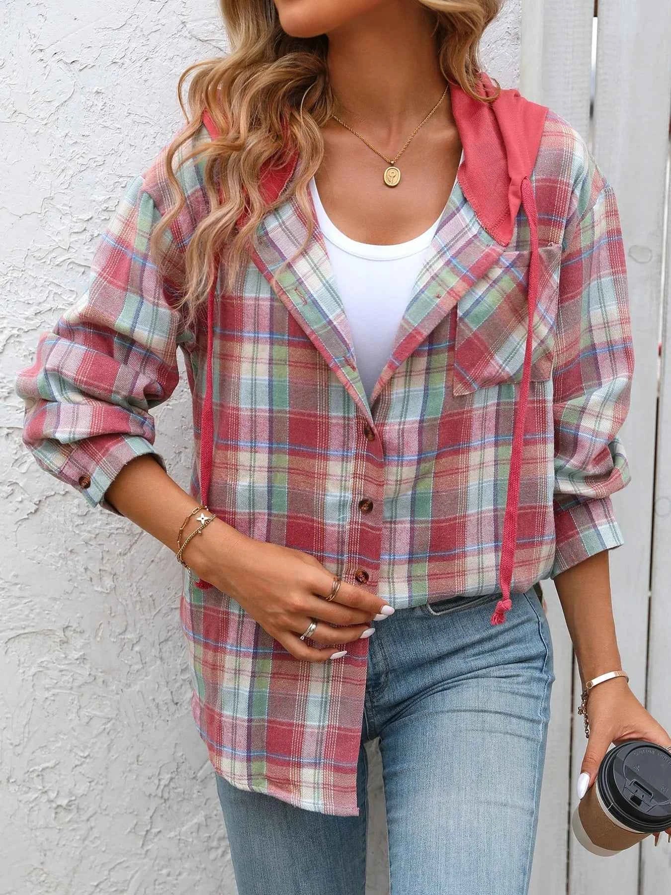 Plaid Button-Up Hooded Shirt Red 5bbeb6cc-e35e-407c-9fe7-8a566f1530d3-Max-Origin
