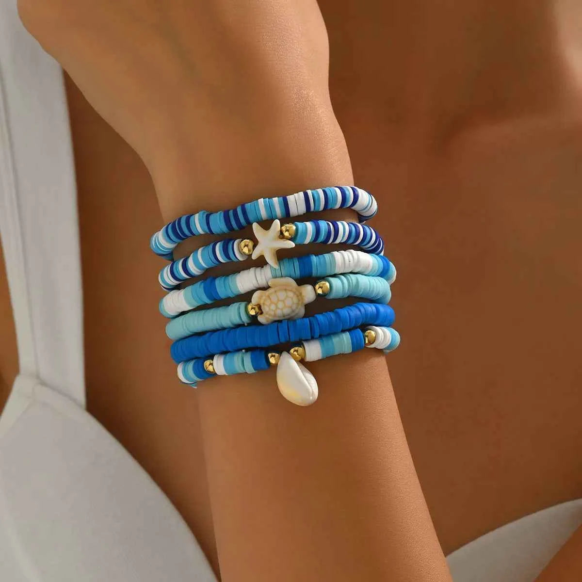 6-Piece Ceramic Beaded Shell Bracelet Blue One Size 5bc46d0a-5d95-4b92-8c85-a1960c4e001f-Max-Origin