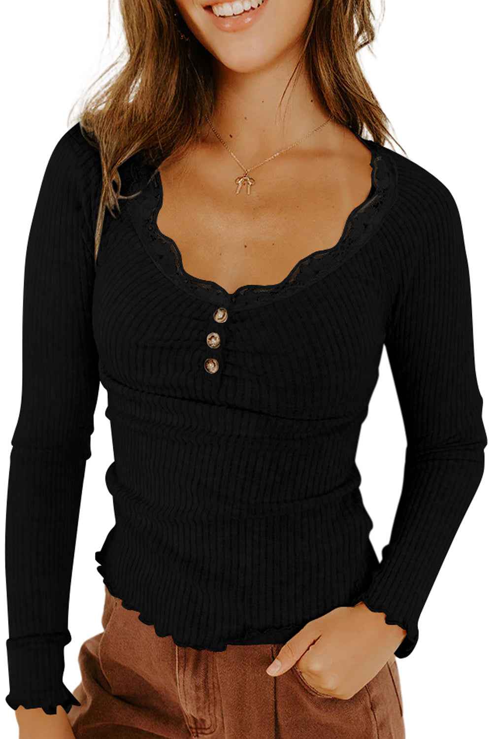 Black Lace Neckline Button Decor Lettuce Edge Long Sleeve Ribbed Top 5bc67611b828670a