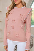 Light Pink Bow Detail Contrast Trim Ruffle Sweater Light Pink 50%Viscose+28%Polyester+22%Polyamide 5bc780e49a234889
