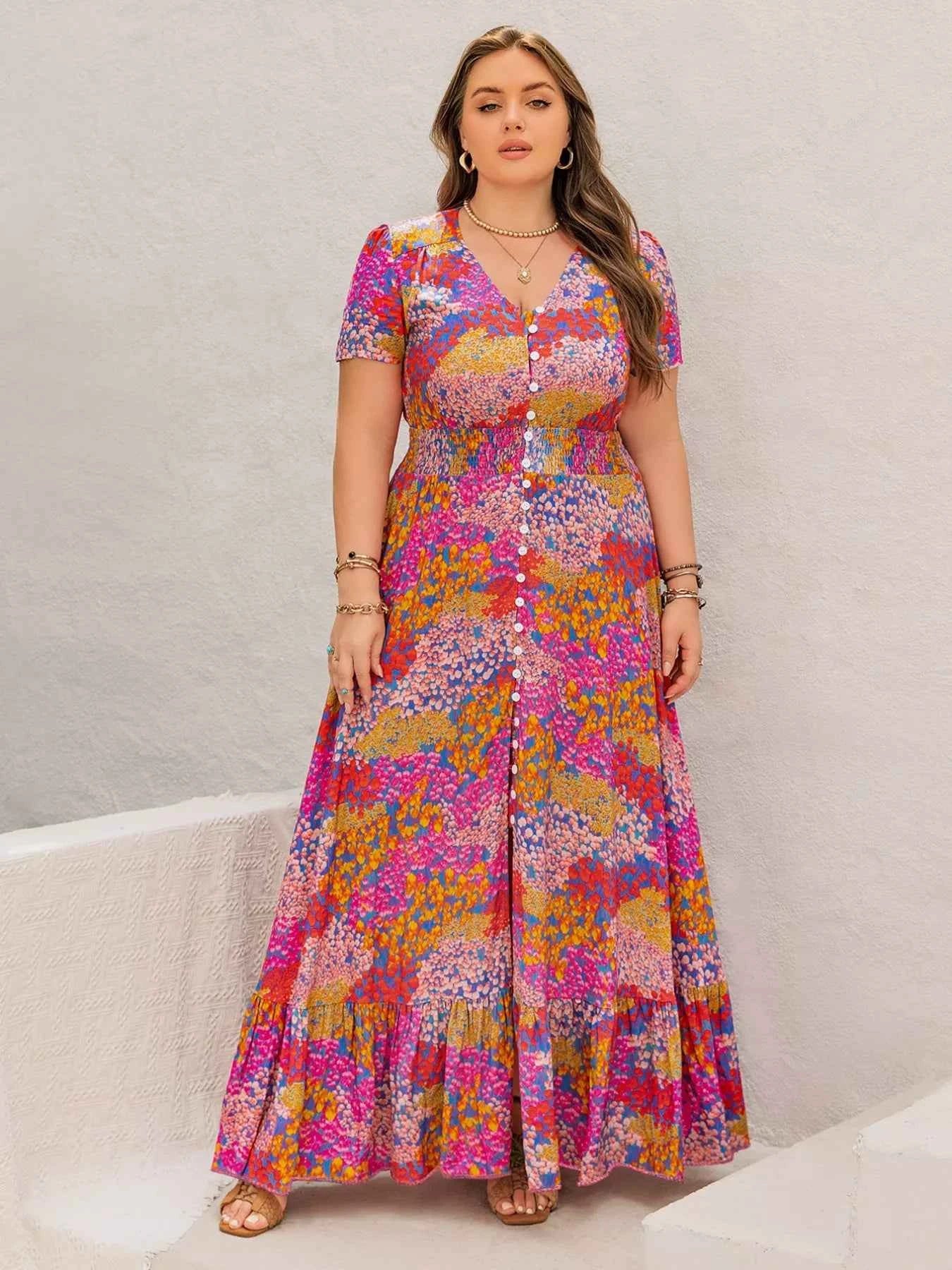 Plus Size Printed V-Neck Short Sleeve Maxi Dress 5bc815d3-2b45-44cb-a701-0e546693475c-Max-Origin