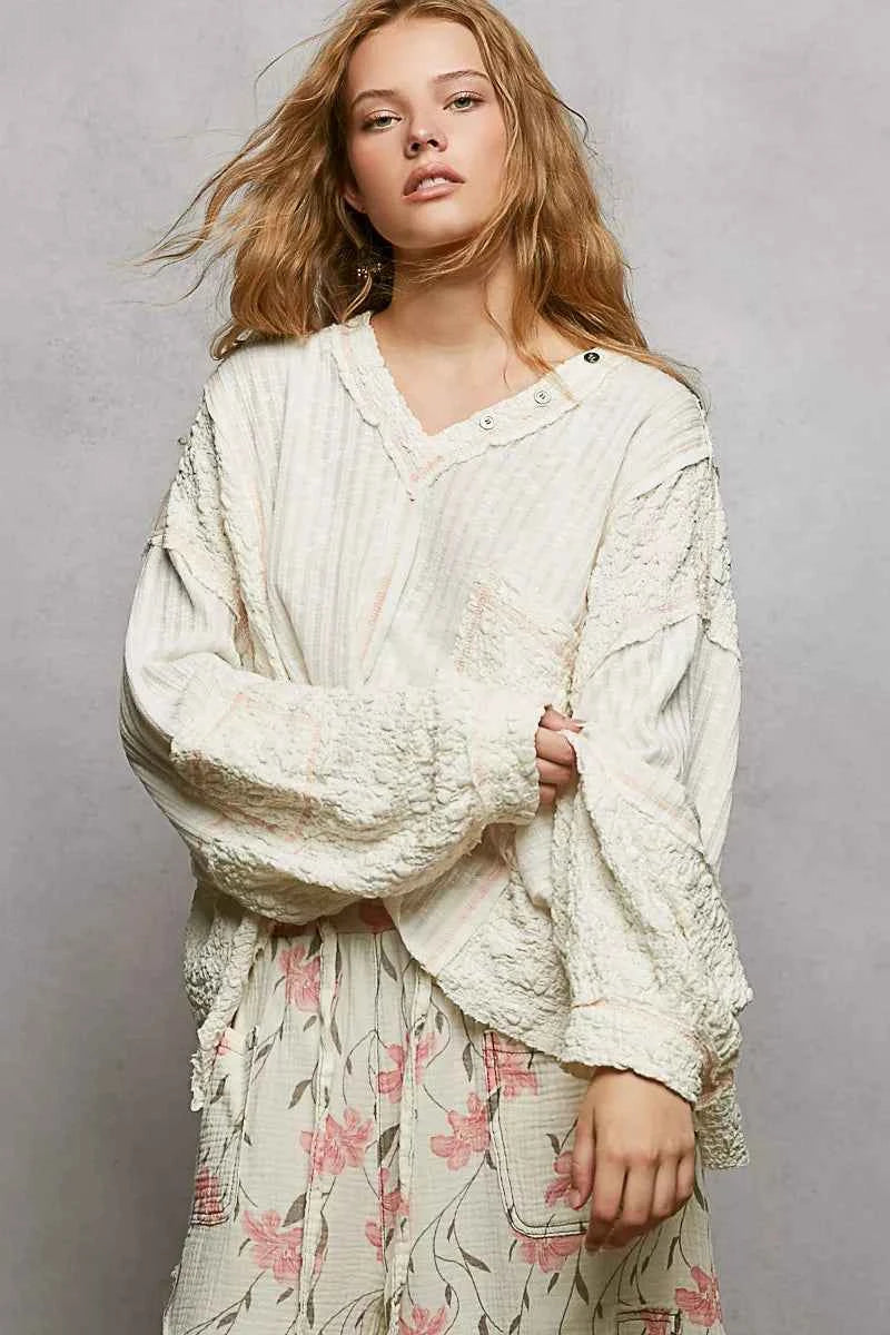 POL V-Neck Long Sleeve Top with Stitch Detail OFF WHITE 5bc96835-f22f-430c-8608-dea8150ab33a-Max-Origin