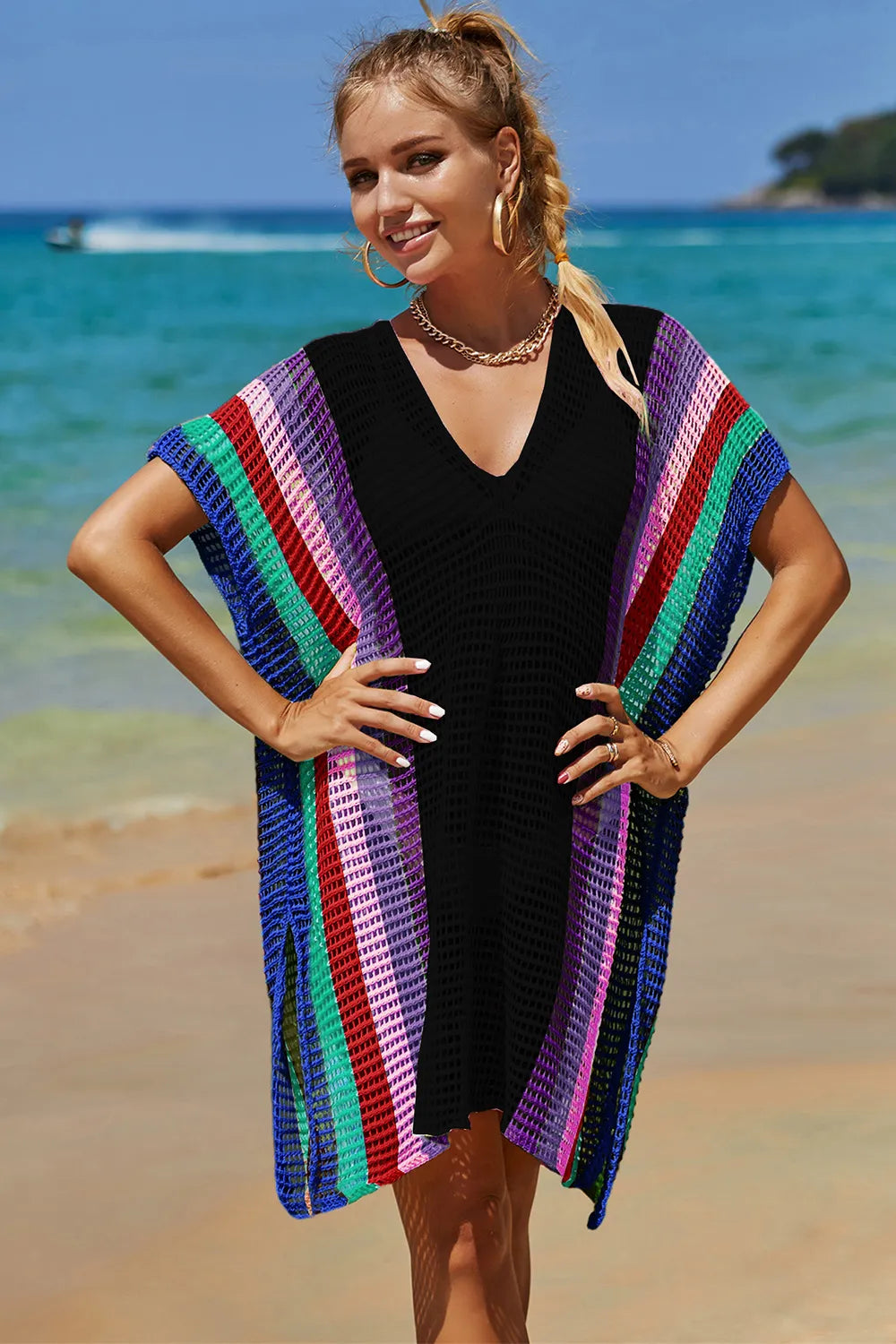Angel Wings Openwork Striped Slit Knit Cover Up 5bc9d467-b0b4-4b02-a3d1-cfac0801af5b-Max