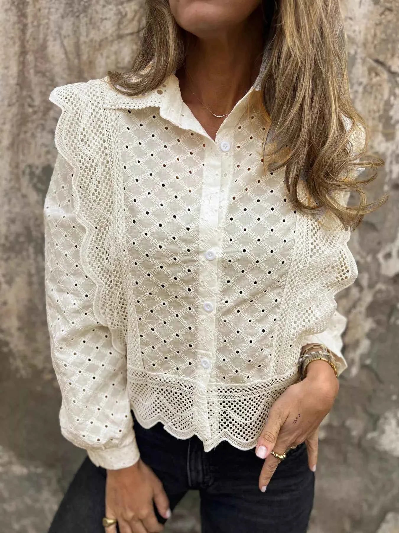 Eyelet Button-Up Shirt with Scalloped Hem 5bcb34def3f84a19804e4ec6a4d64965-Max-Origin