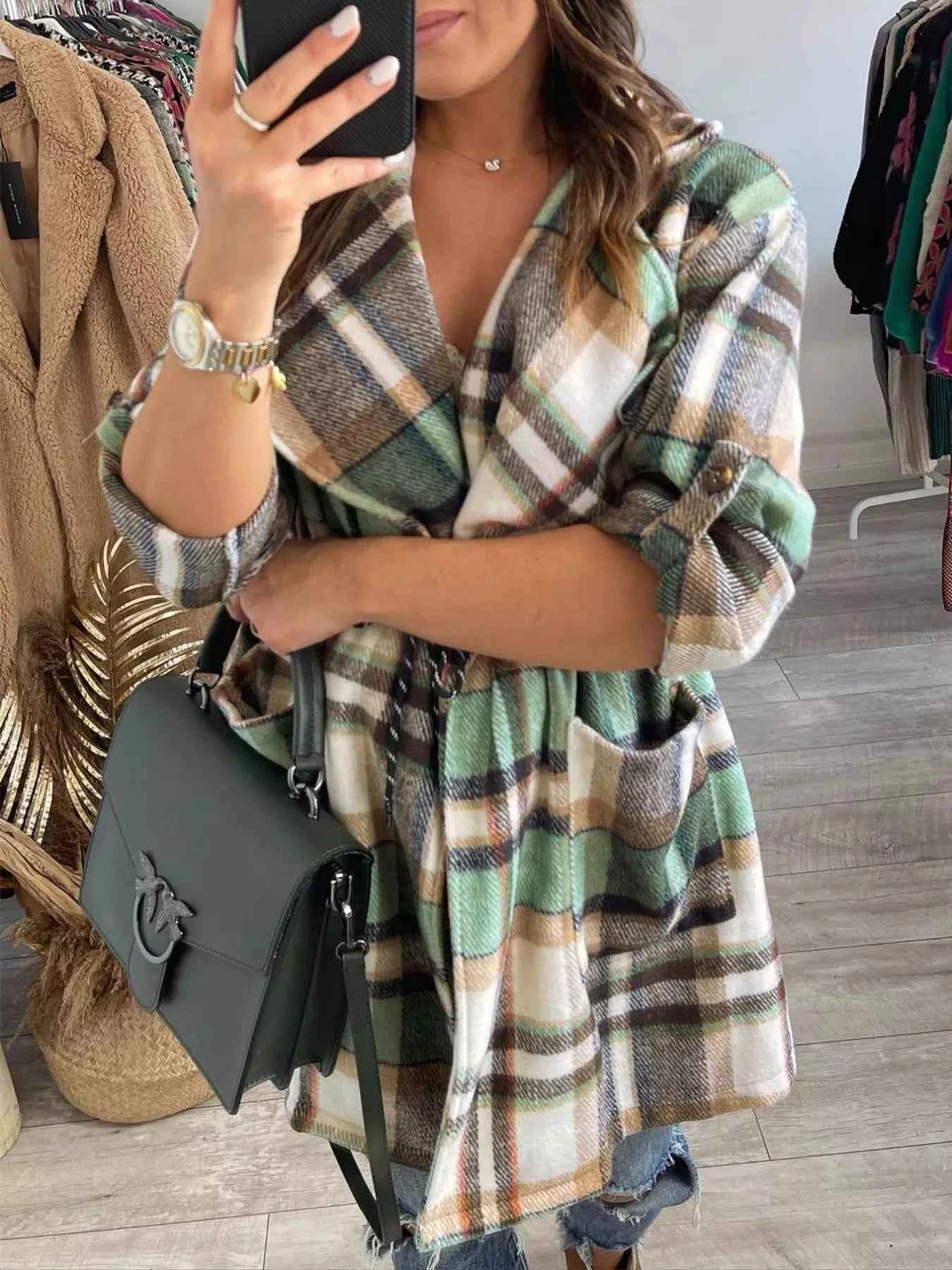 Oversized Drawstring Plaid Button Front Shirt 5bcda917-ff20-48ff-b386-aa3dade2ec63-Max-Origin
