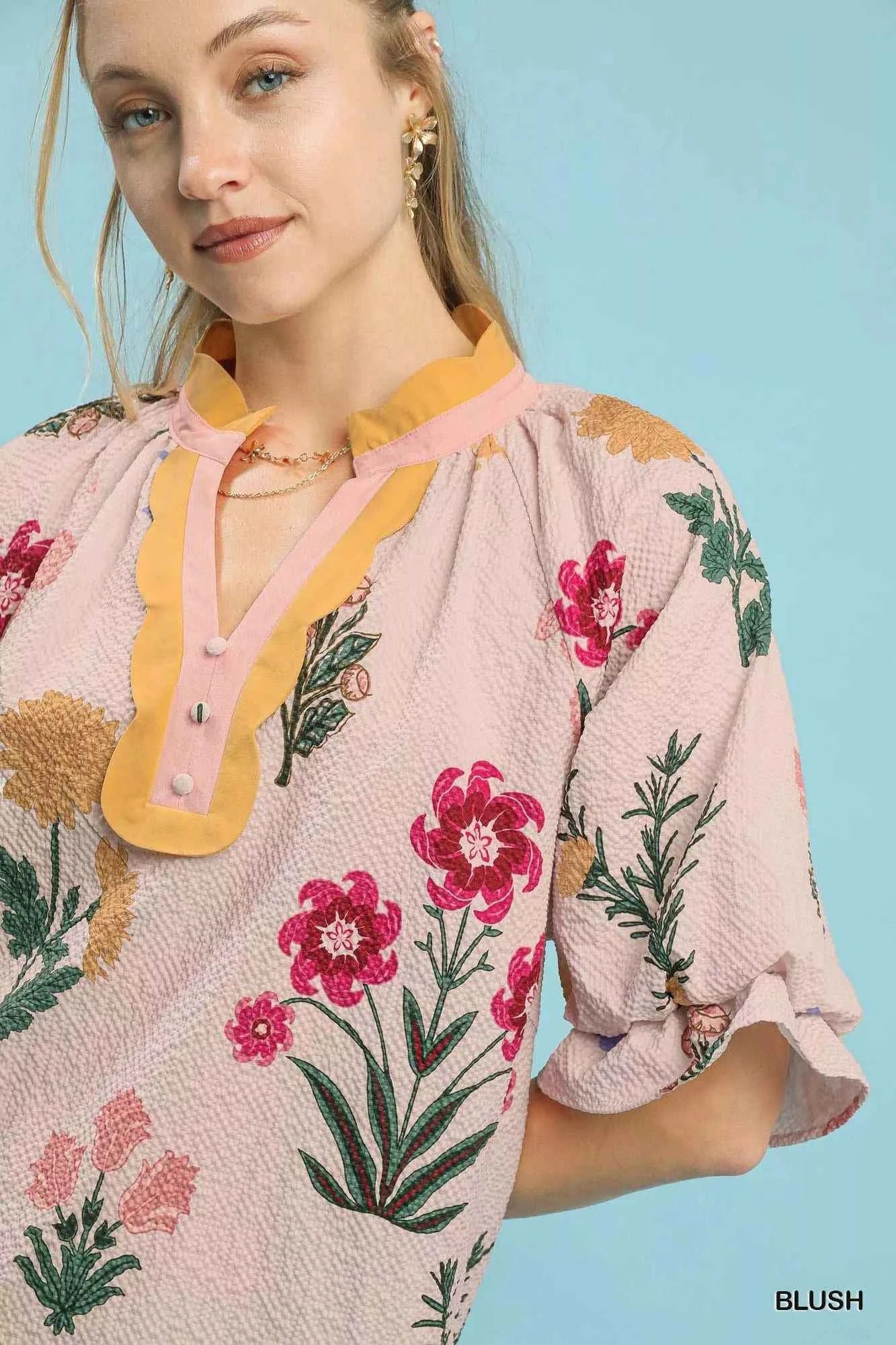Umgee Floral Puff Sleeve Blouse with Scallop Trim Collar 5bd1e629-e6de-4f32-840c-e65cc26de400-Max-Origin