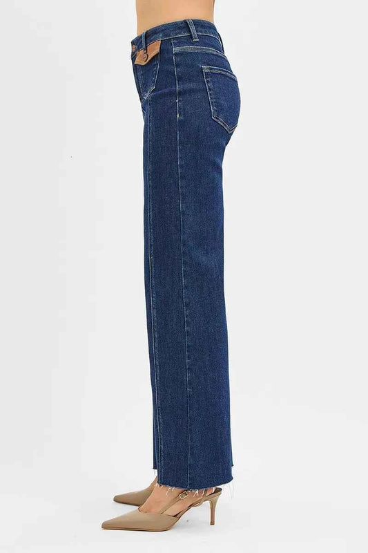 High Rise Wide Flare Jeans with Front Leather Pocket Detail 5bd3a7868fab487297c41ebafac7a1d6-Max-Origin
