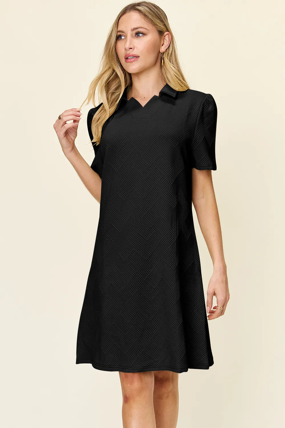 Double Take Full Size Texture Collared Neck Short Sleeve Dress Black 5bd58be3-157a-4720-a2cc-37047e5e5c2f-Max