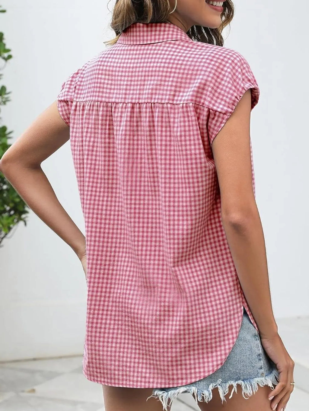 Plaid Button Up Cap Sleeve Shirt 5bd8de9a-0302-45b9-be53-0eeb321320a8-Max-Origin