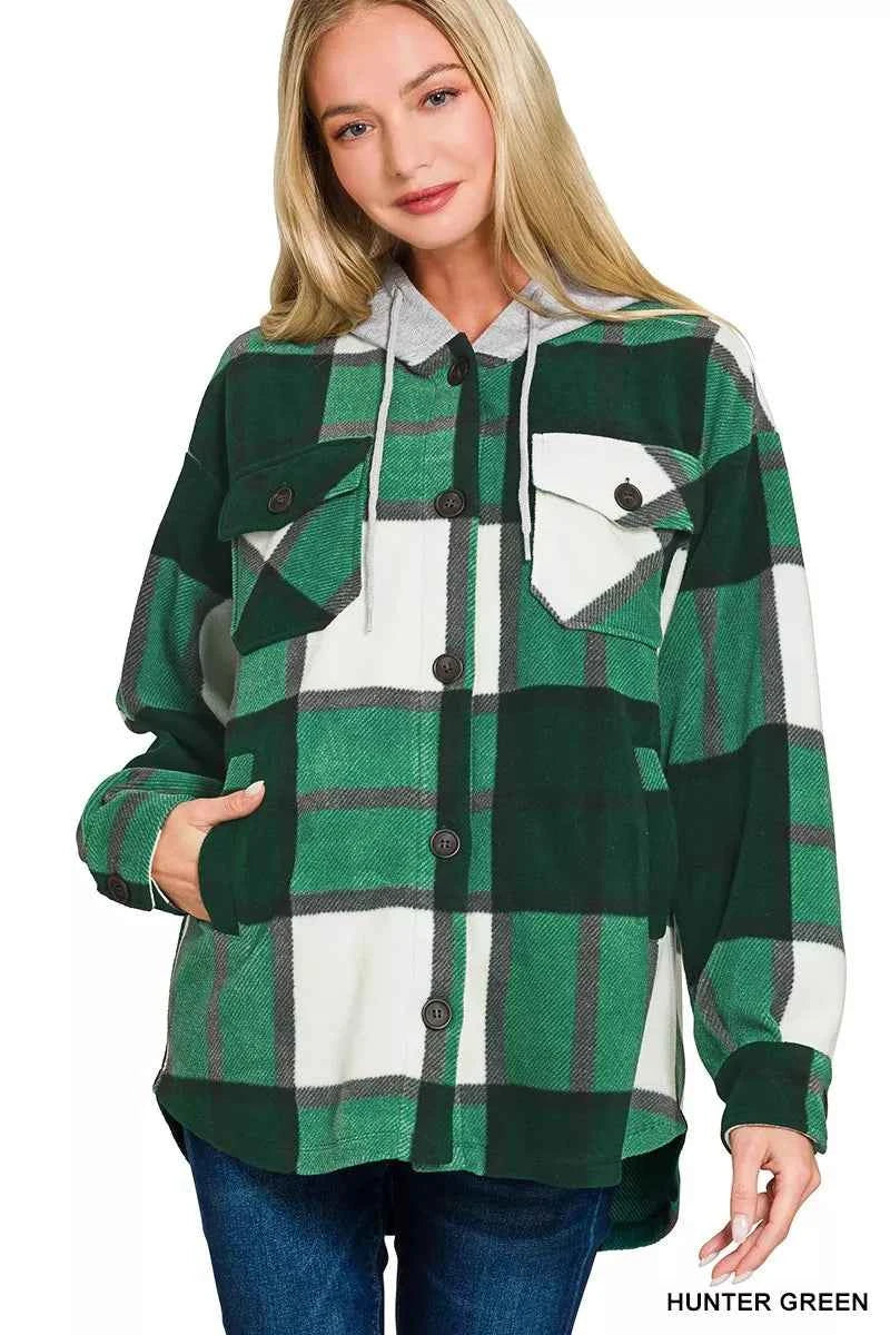 Zenana Plaid Drawstring Hooded Fleece Shacket HUNTER GREEN 5bdb692851e84903a7a0fda67e32eac1-Max-Origin