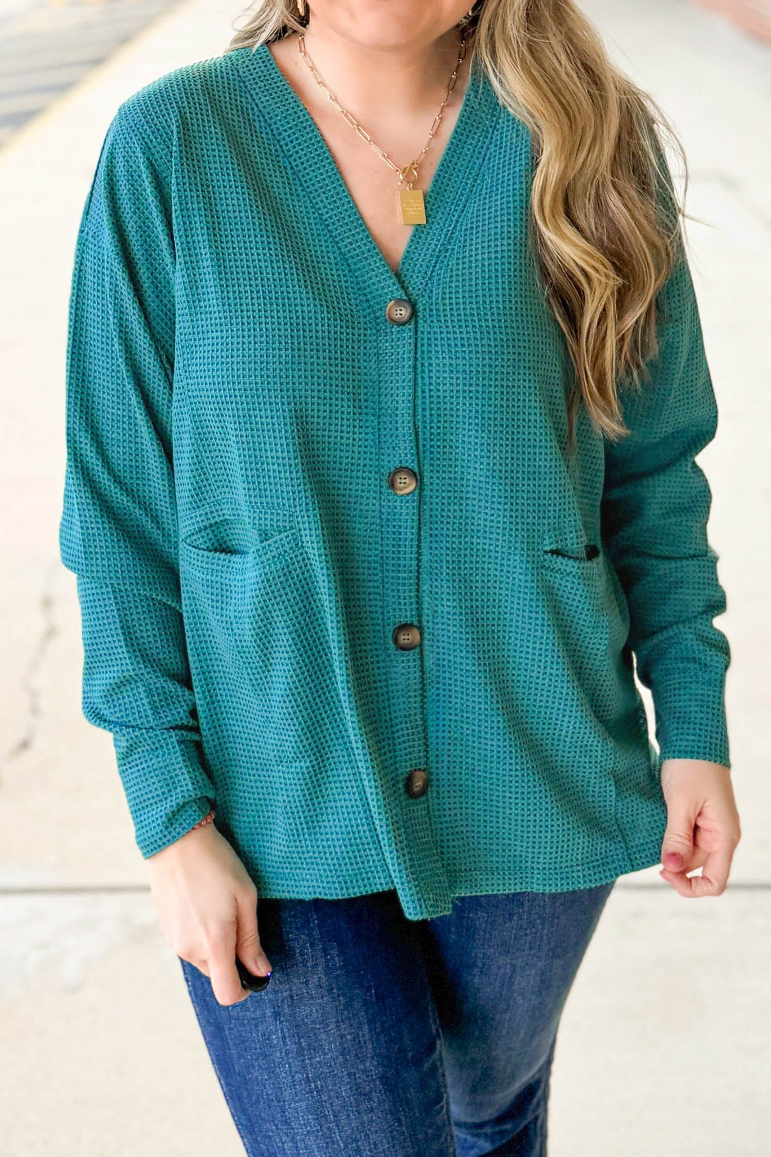 Lapis V Neck Waffle Textured Button Front Tunic Long Sleeve Plus Size Cardigan 5bdbde5490a814e3