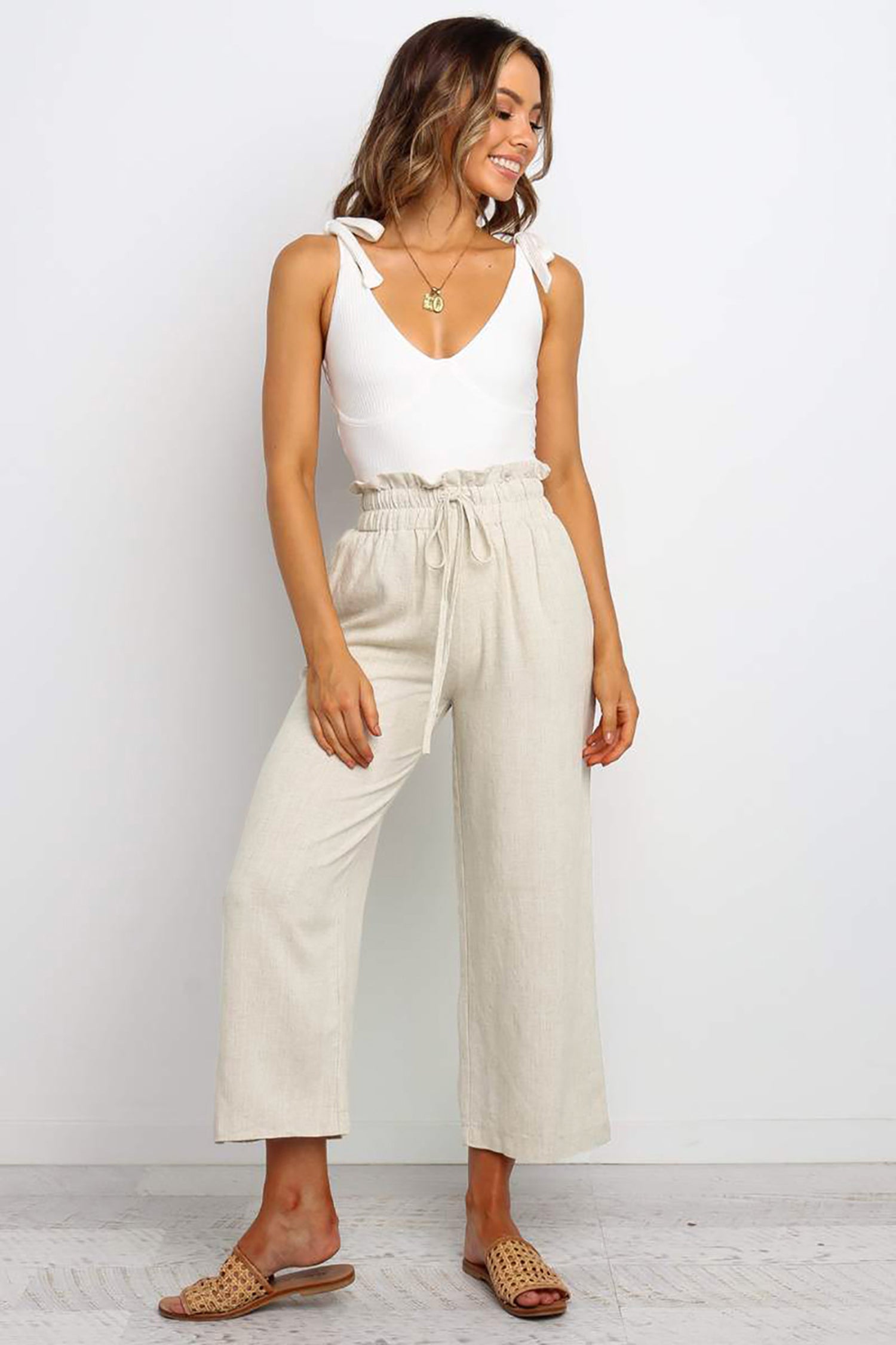 Khaki Paperbag Waist Straight Leg Cropped Pants 5bdcf51cb3f99bd6