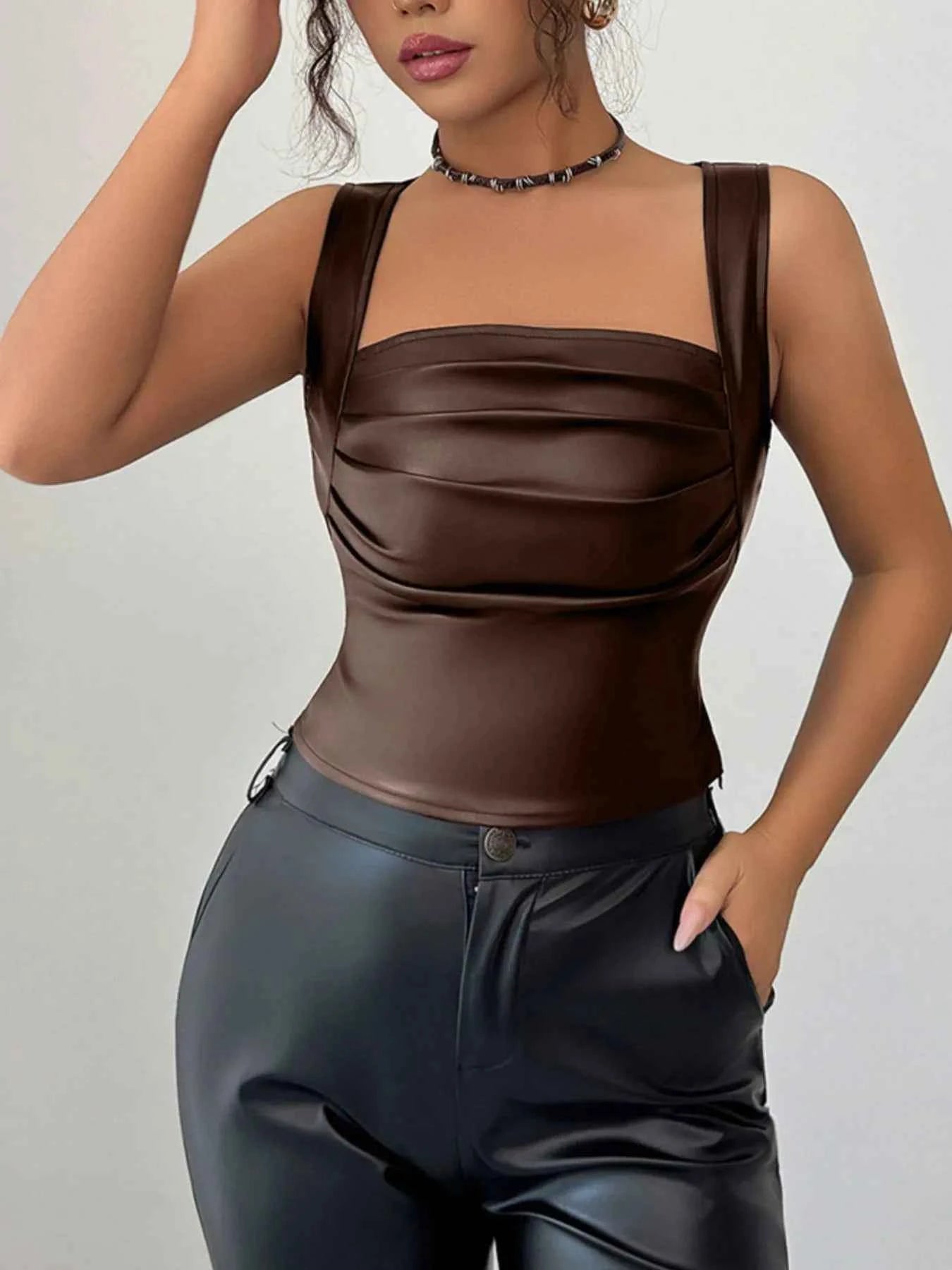 Leather-Look Ruched Tank Coffee Brown 5bddd61c-91df-422c-832c-6f23dc00c853-Max-Origin