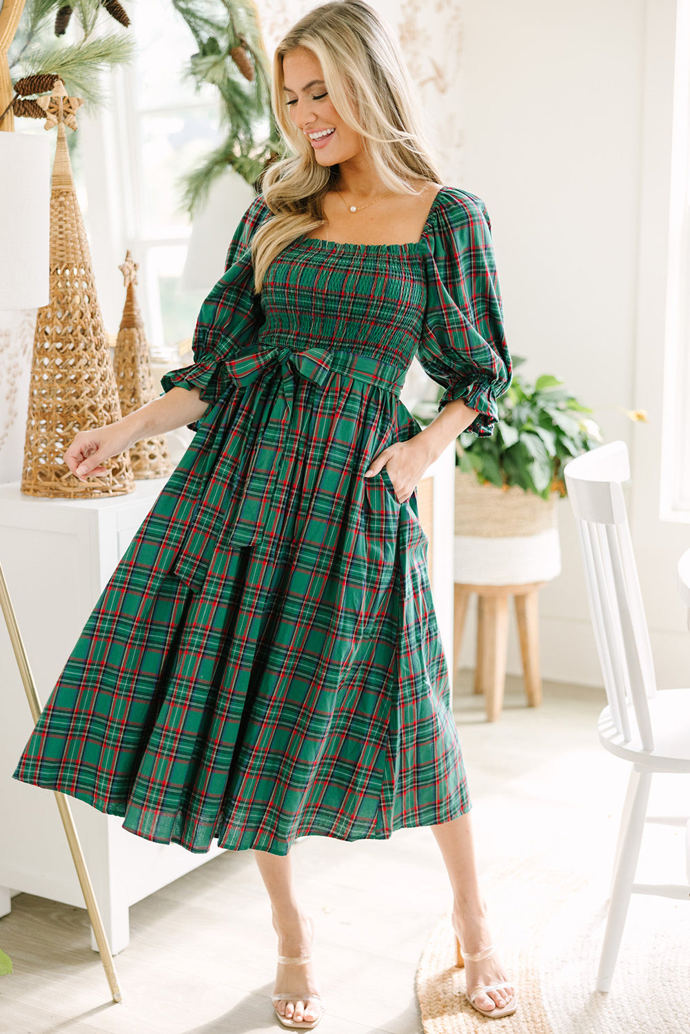 Green Plaid Square Neck Puff Sleeve Bowknot Waist Flared Midi Dress 5be02139a9648a3f