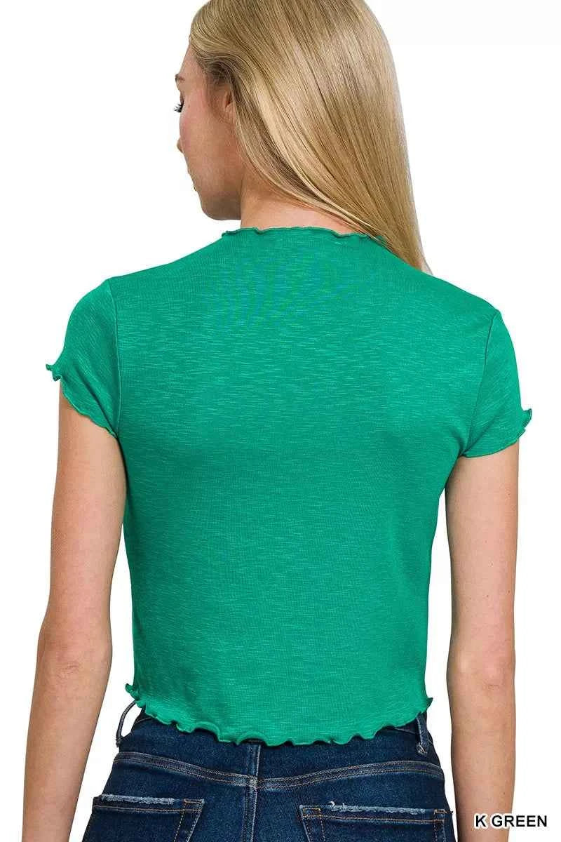 Zenana Cotton Modal Slub Lettuce Trimmed Cropped T-Shirt 5be67f9d73f944c5893ee95b2b23a50a-Max-Origin