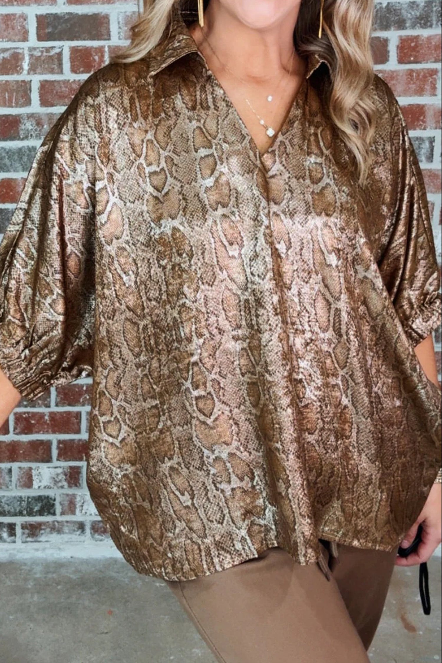 Brown Polo Collared V Neck Short Sleeve Metallic Leopard Blouse 5be96bfe129d8b5c