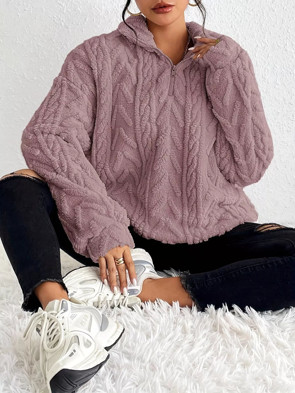 Quarter Zip Dropped Shoulder Sherpa Sweatshirt 5bed105371b54074b10182512a4d4b69-Max-Origin