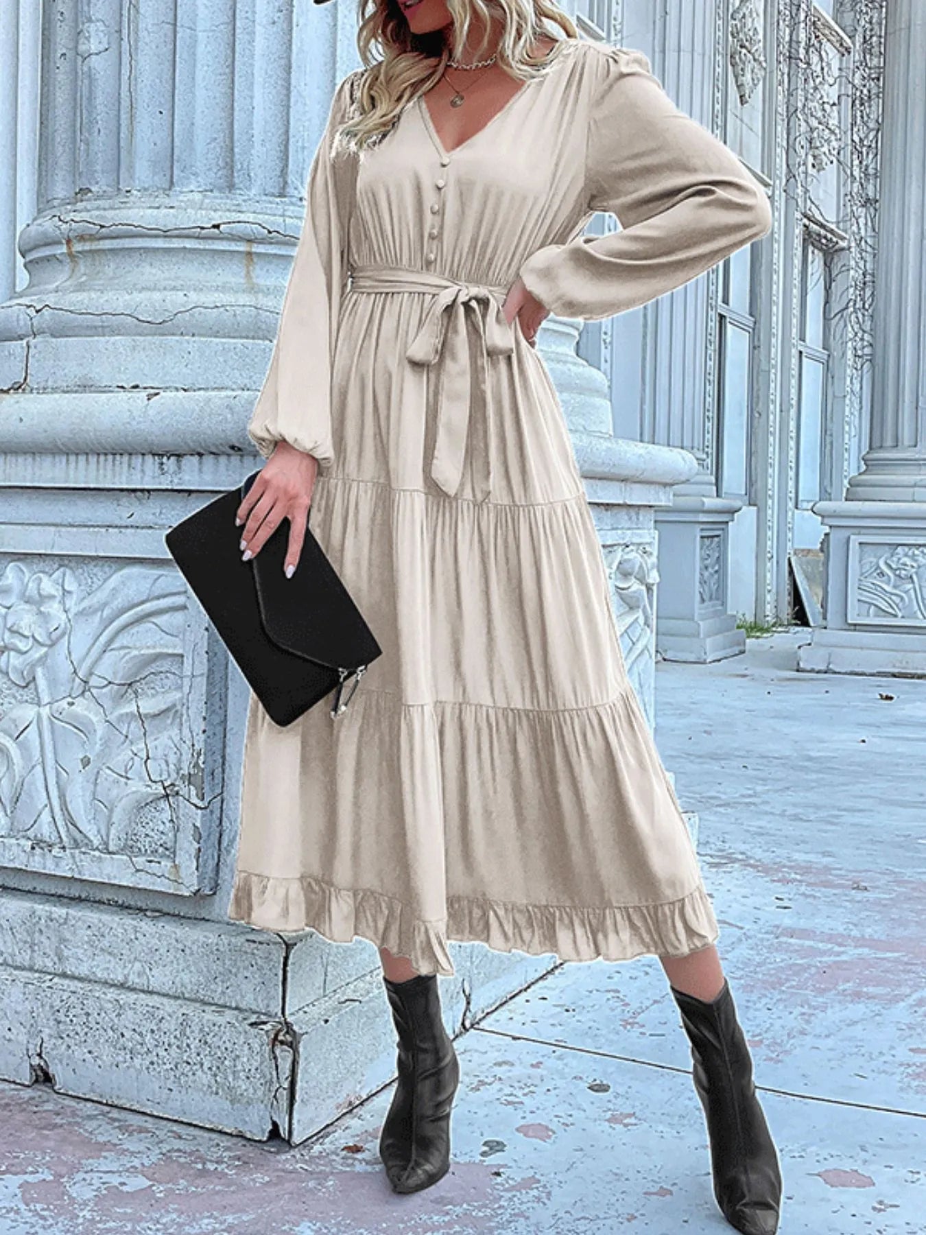 Ruffled Hem V-Neck Balloon Sleeve Dress Cream 5bf496c8-e483-4865-8fc4-fd3a6de405da-Max-Origin