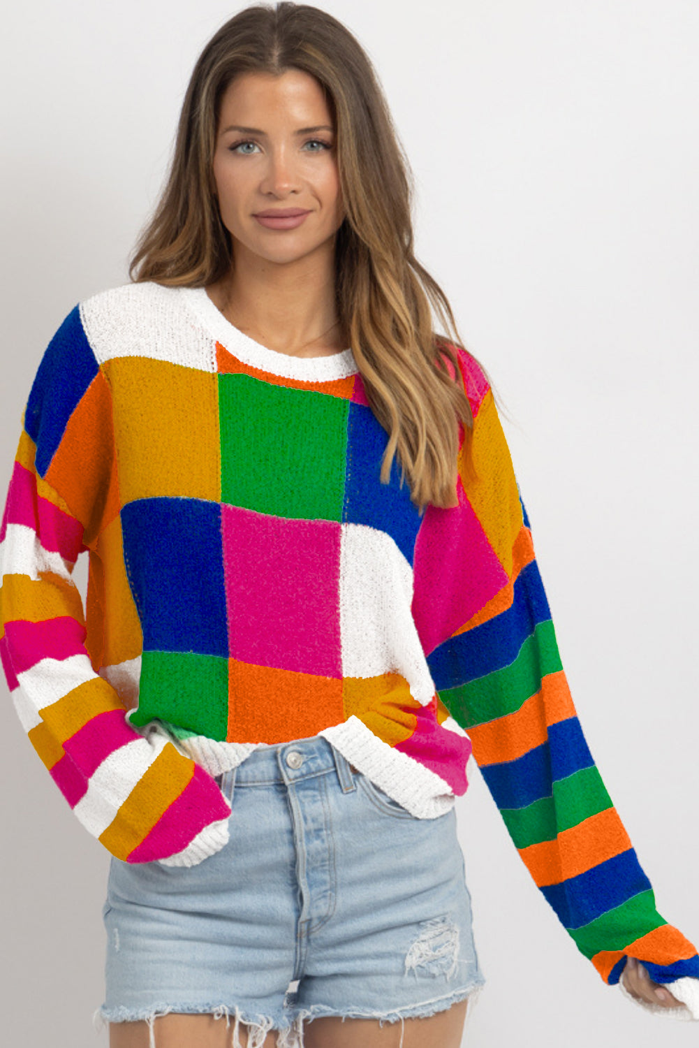 Orange Checkered Color Block Round Neck Loose Sweater 5bf8e20b2e3f3aa7