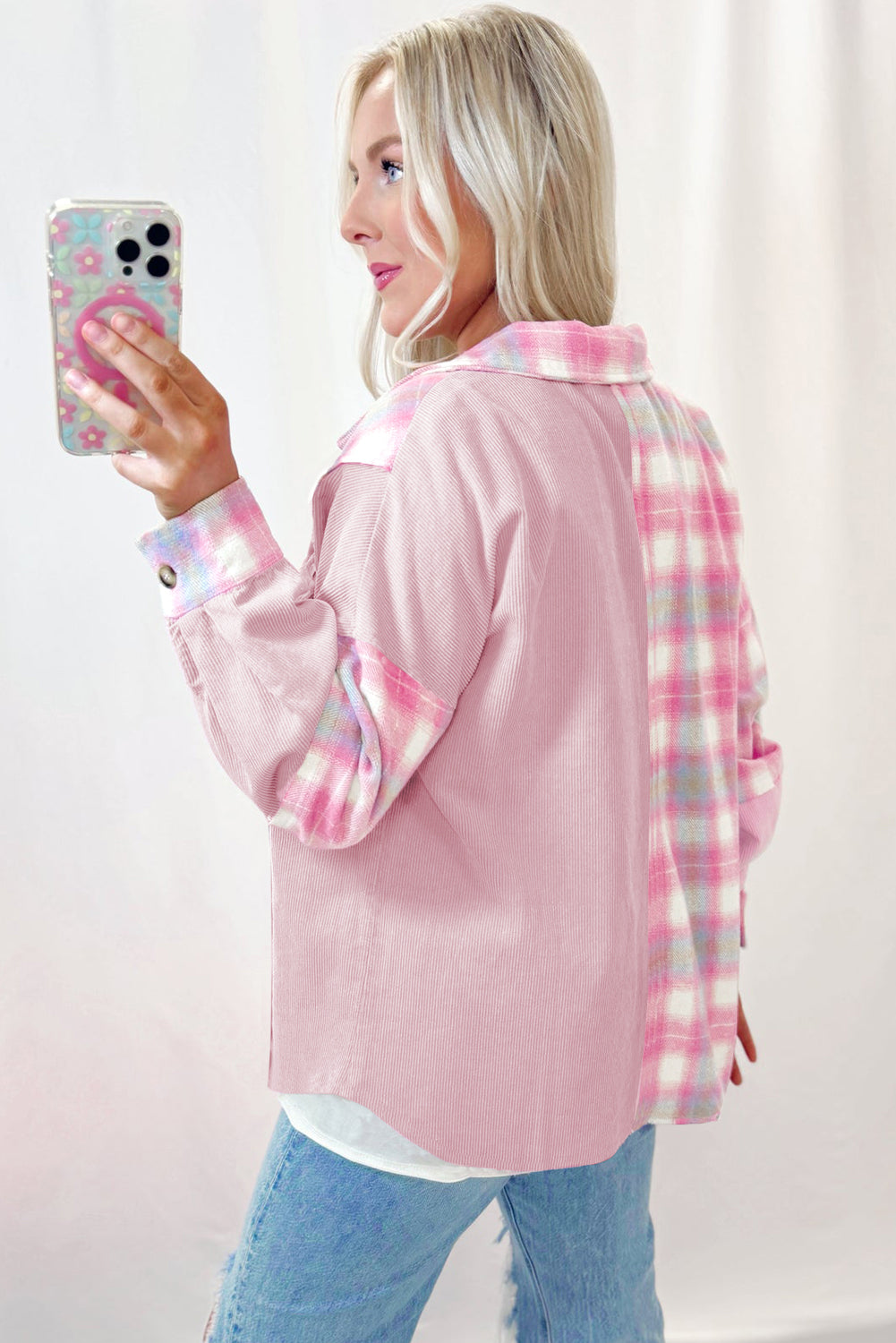 Pink Brushed Plaid Corduroy Flap Pockets Patchwork Shacket 5bfadb6806071a3e