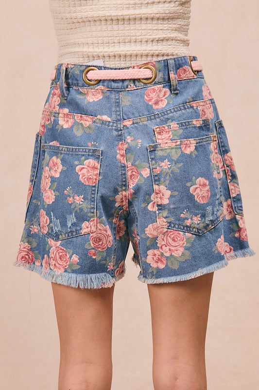 Braided Waist Belt Patch Pockets Floral Print Denim Shorts 5bfb2e495976421da40b8c4257aefc31-Max