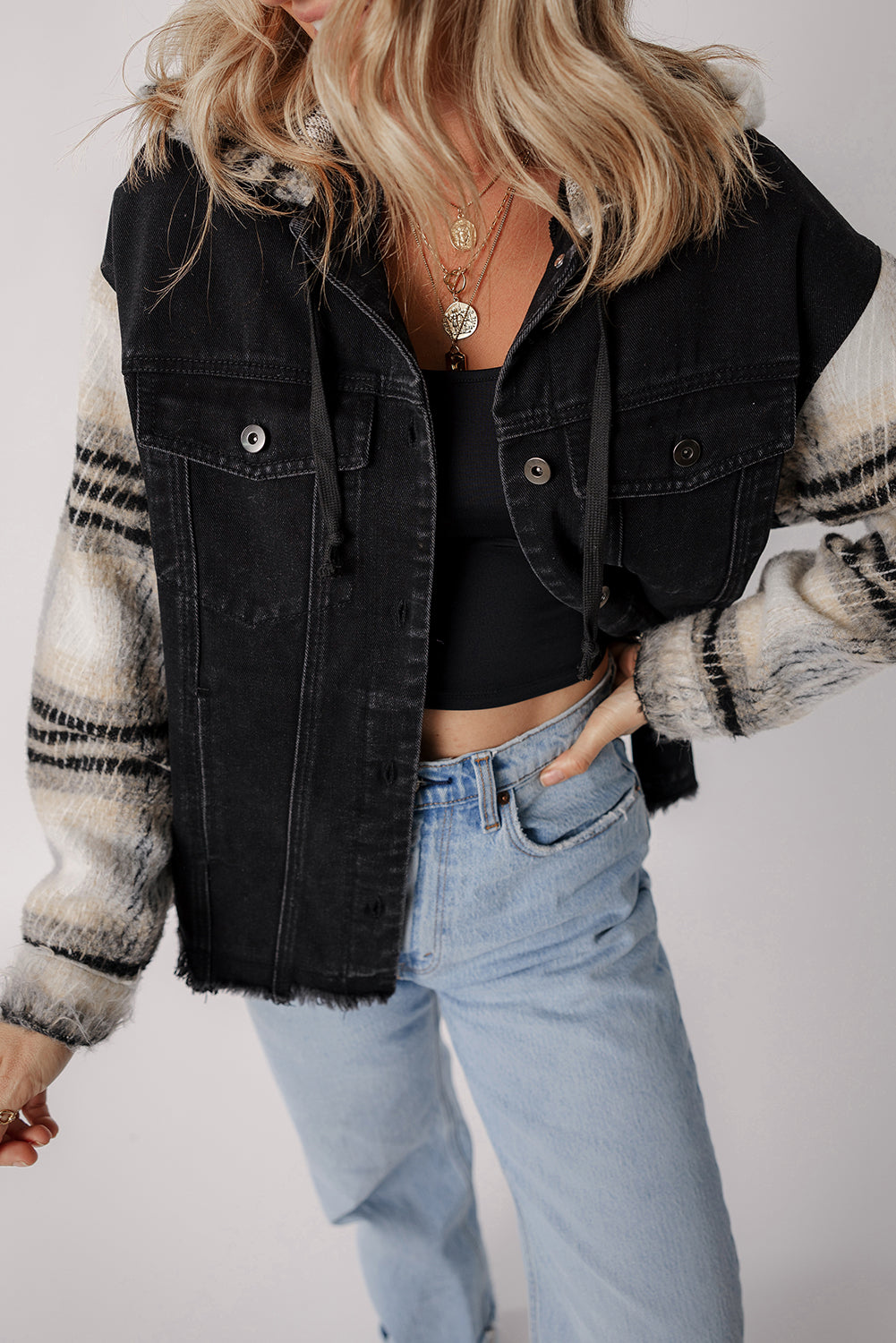 Black Patchwork Plaid Sleeve Frayed Hem Hooded Denim Jacket 5bfd4e45efd4748d