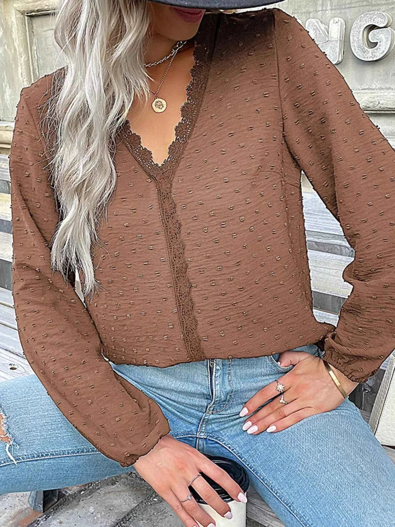 Lace Detail V-Neck Long Sleeve Blouse Taupe 5bfdc3f7-ef4d-403f-b283-cdace86cd8d5-Max-Origin