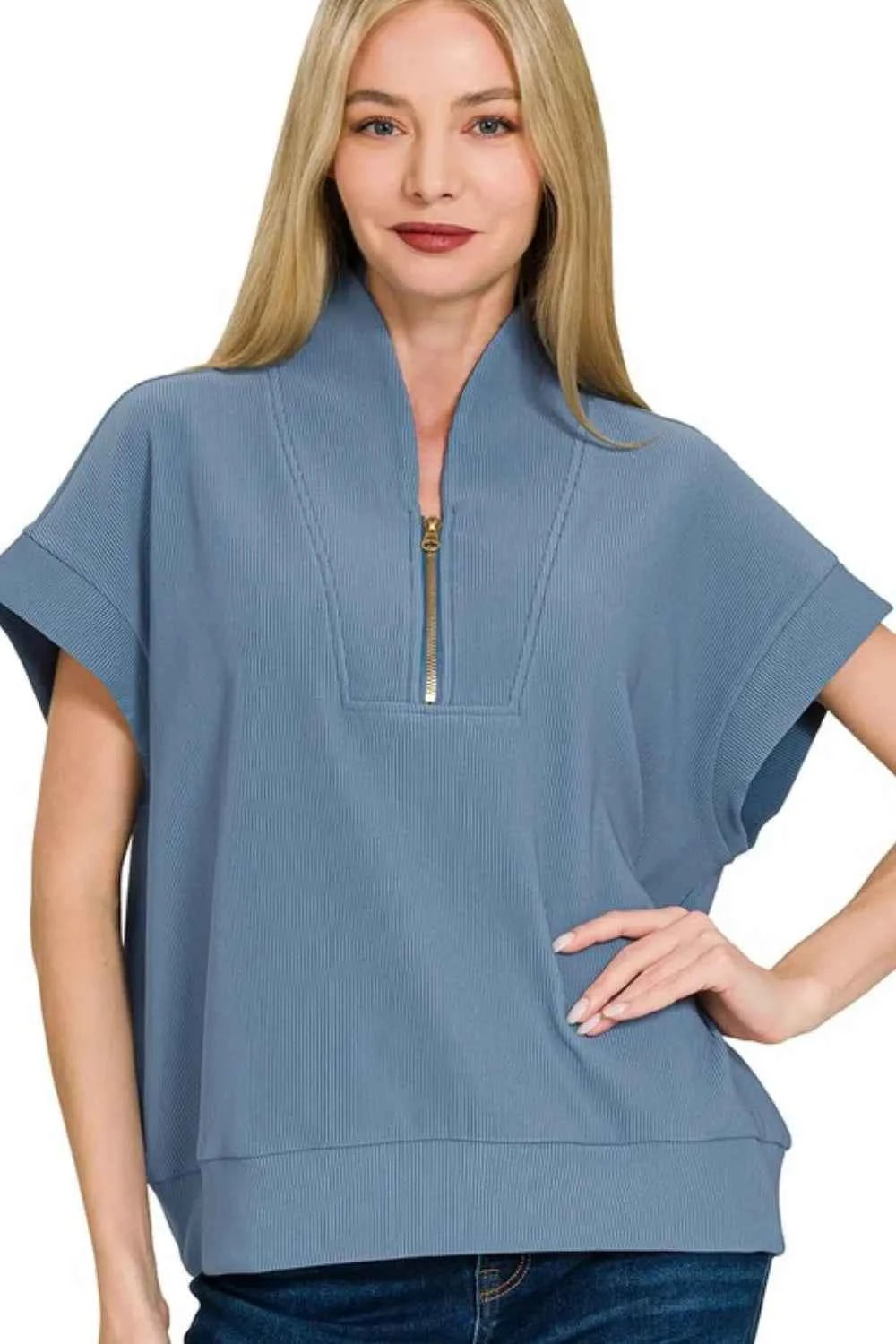 Ribbed High Neck Half Zip Top DUSTY BLUE 5bffdf4f-6b09-4047-b558-abfac96a6473-Max-Origin